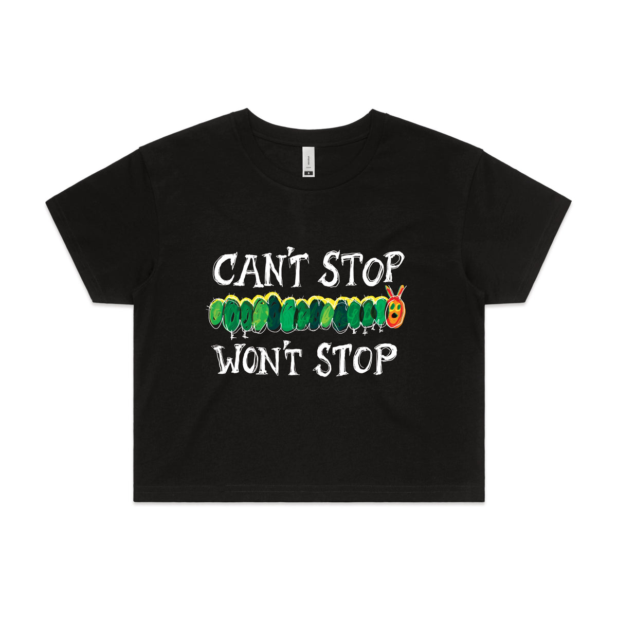 Black fitted womens t-shirt with Can't Stop Won't Stop graphic by Lonely Kids Club