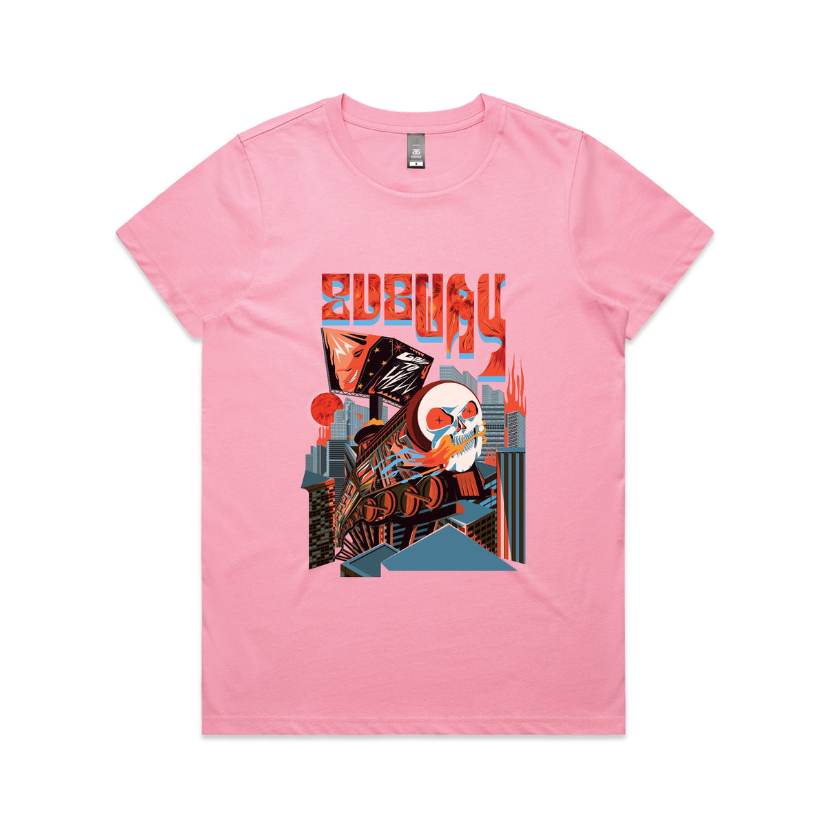 Bubblegum fitted womens t-shirt with Subway Goes To Hell graphic by Lonely Kids Club