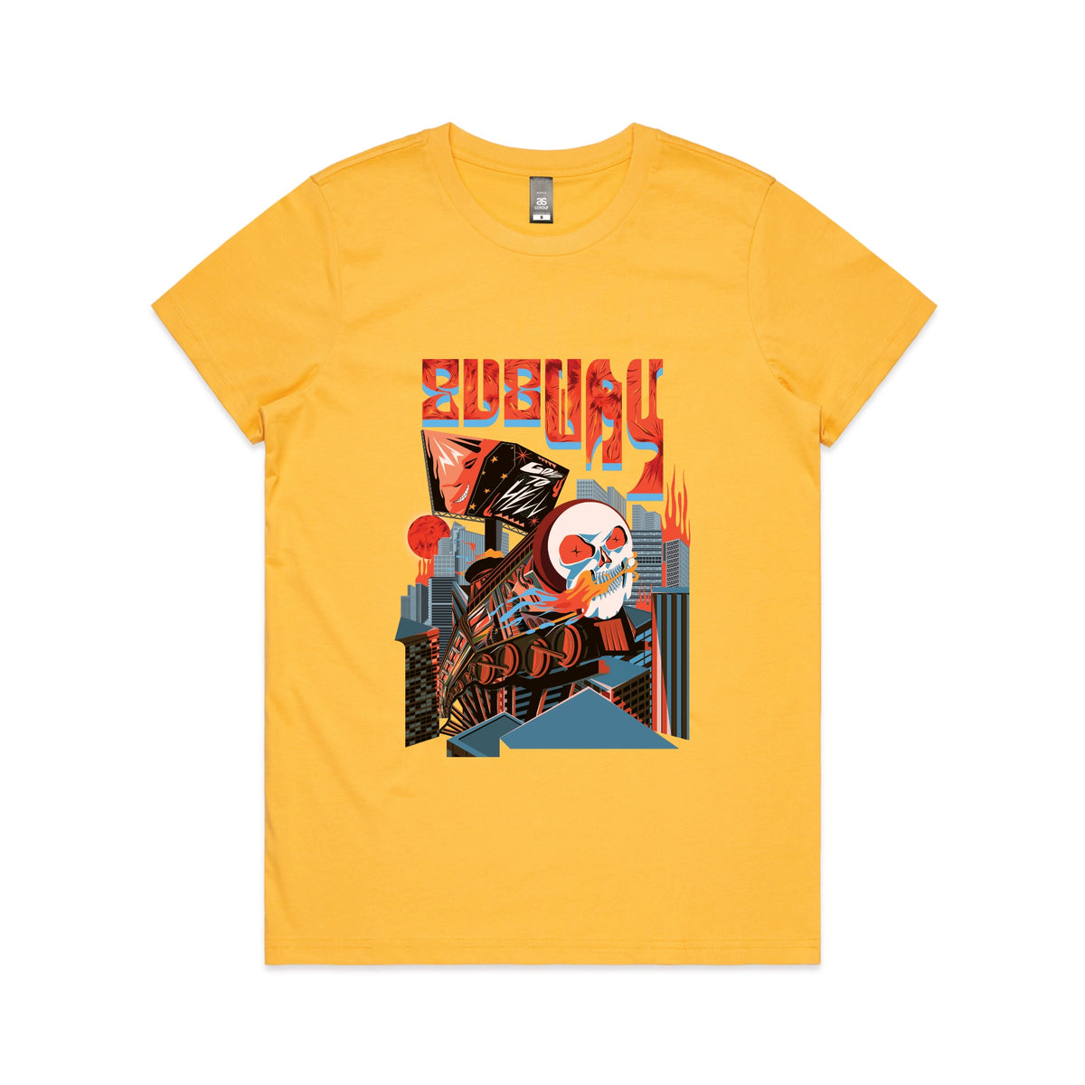 Yellow fitted womens t-shirt with Subway Goes To Hell graphic by Lonely Kids Club