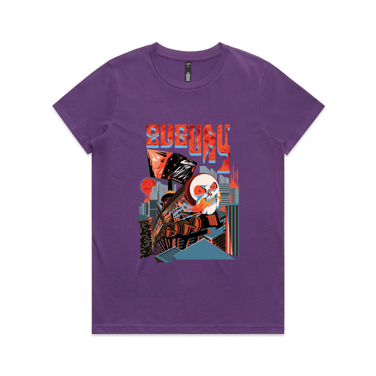 Purple fitted womens t-shirt with Subway Goes To Hell graphic by Lonely Kids Club