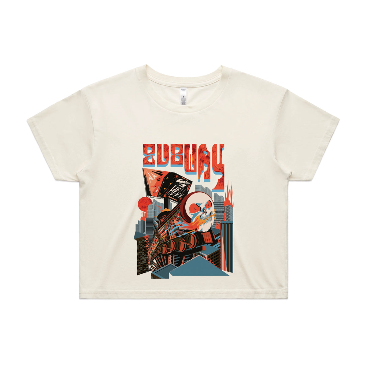 Ecru crop top with Subway Goes To Hell graphic by Lonely Kids Club