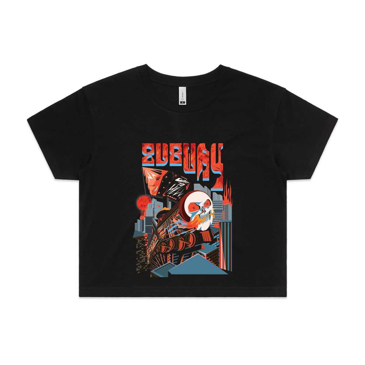 Black crop top with Subway Goes To Hell graphic by Lonely Kids Club