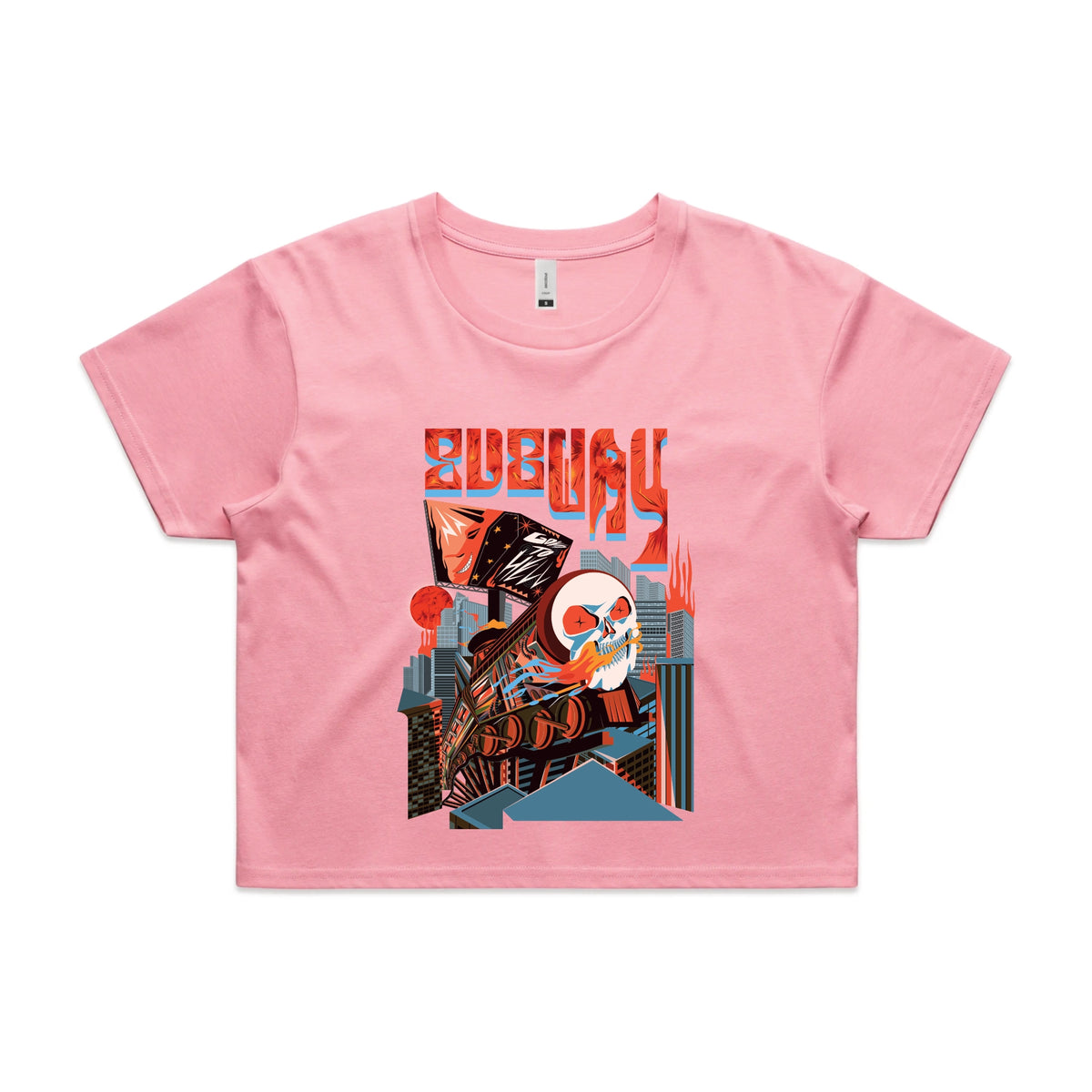 Bubblegum crop top with Subway Goes To Hell graphic by Lonely Kids Club