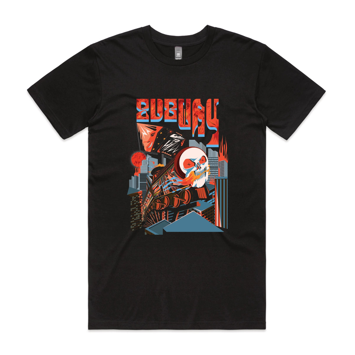 Black unisex t-shirt with Subway Goes To Hell graphic by Lonely Kids Club