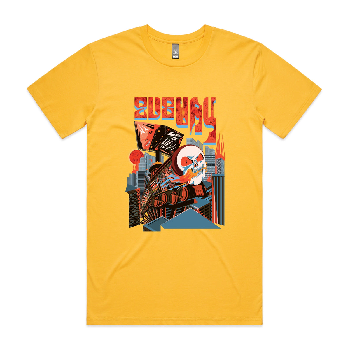 Yellow unisex t-shirt with Subway Goes To Hell graphic by Lonely Kids Club