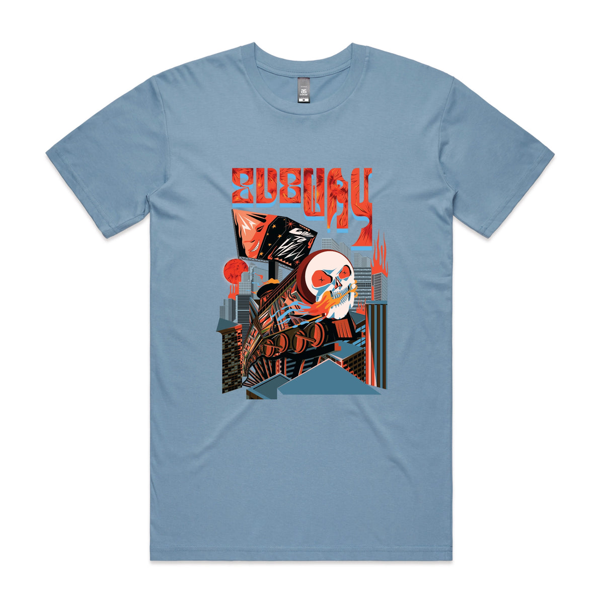 Carolina Blue unisex t-shirt with Subway Goes To Hell graphic by Lonely Kids Club
