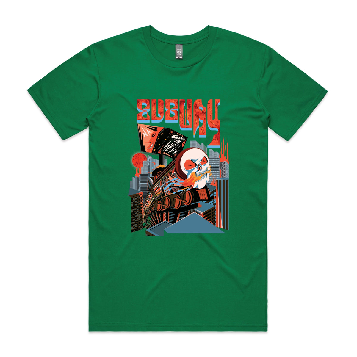 Green unisex t-shirt with Subway Goes To Hell graphic by Lonely Kids Club