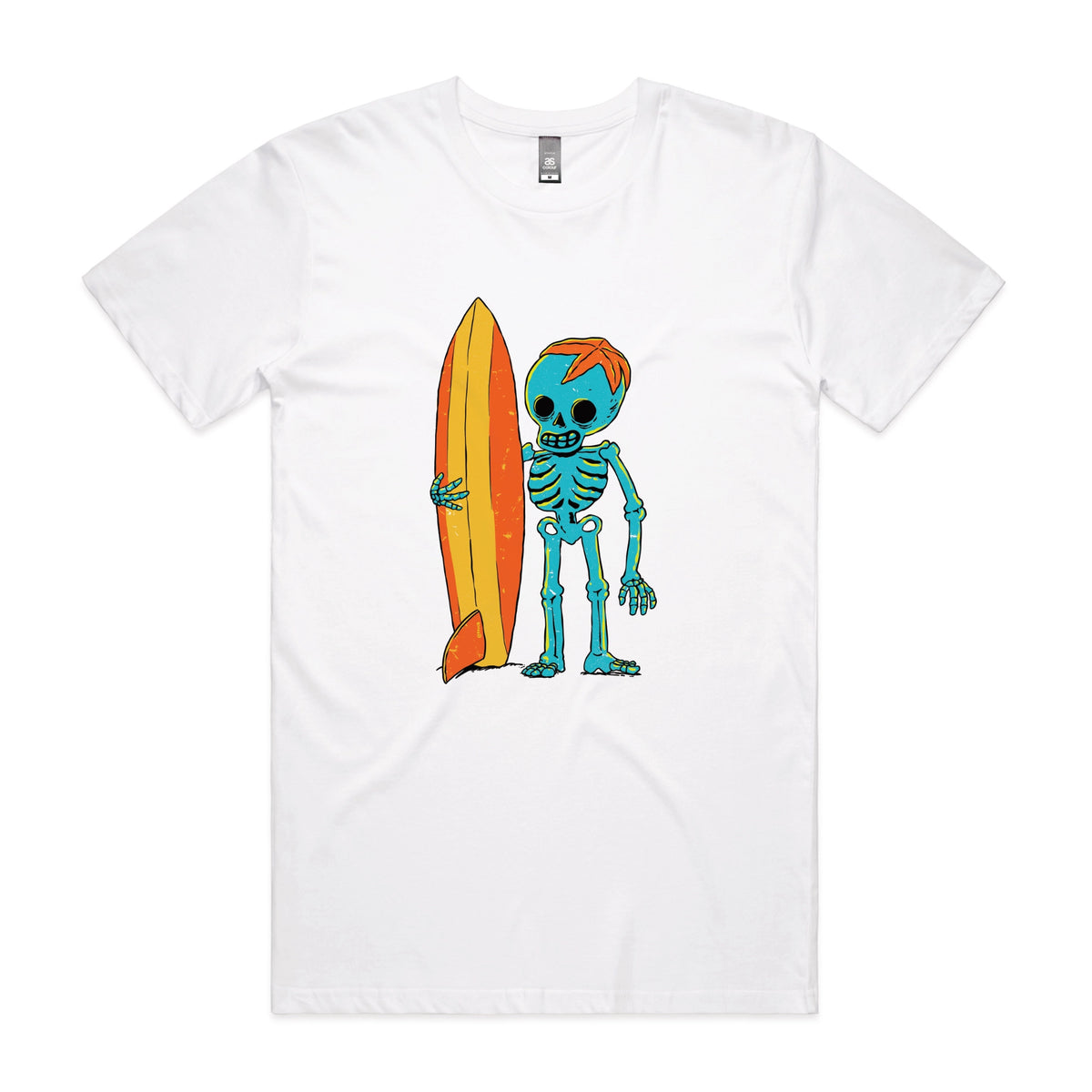 White unisex t-shirt with Skeleton Surfer graphic by Lonely Kids Club
