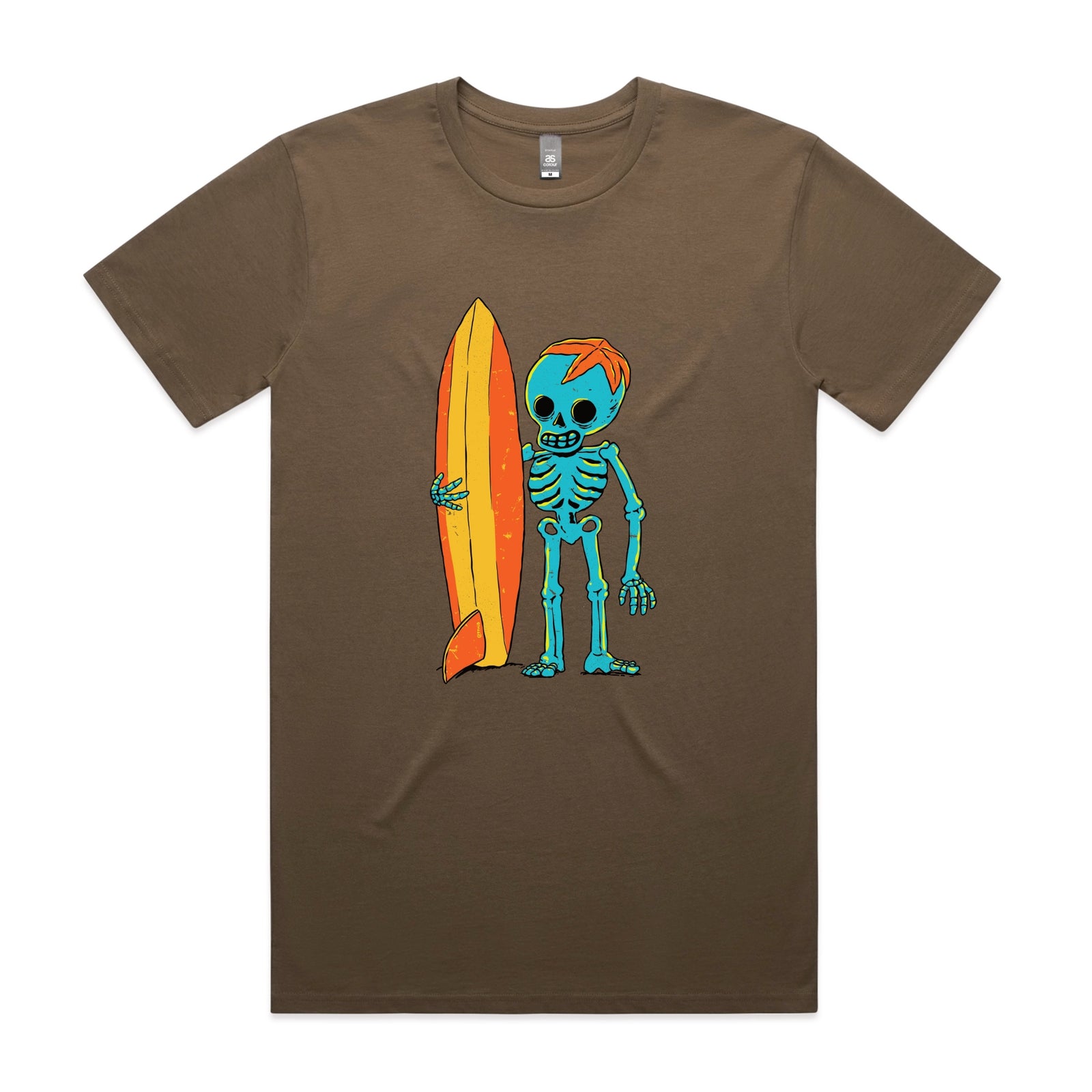 Walnut unisex t-shirt with Skeleton Surfer graphic by Lonely Kids Club