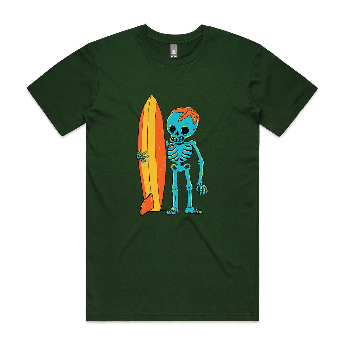 Forest Green unisex t-shirt with Skeleton Surfer graphic by Lonely Kids Club