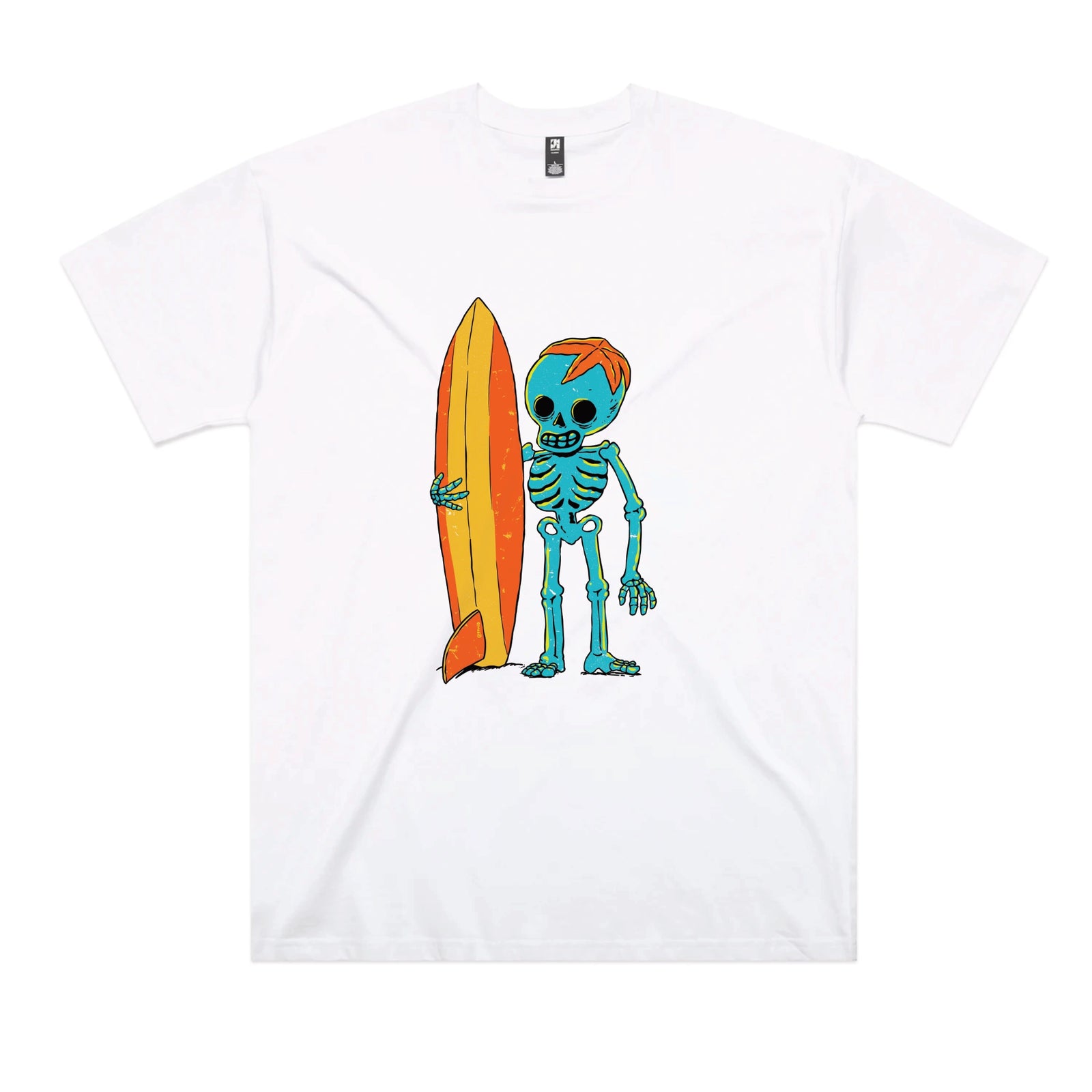 White oversized t-shirt with Skeleton Surfer graphic by Lonely Kids Club