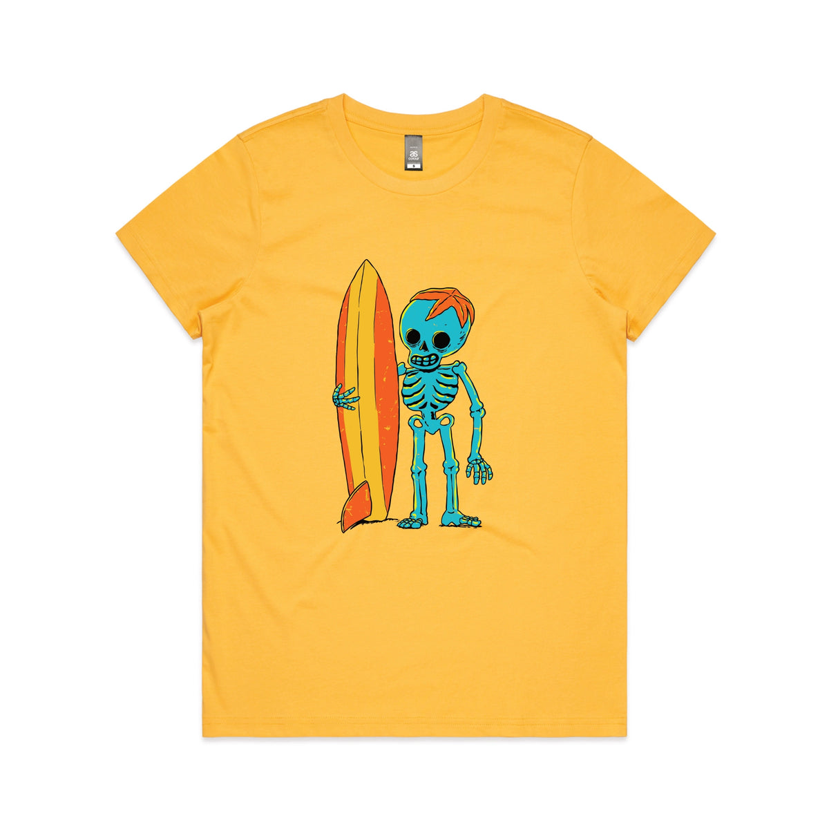 Yellow fitted womens t-shirt with Skeleton Surfer graphic by Lonely Kids Club