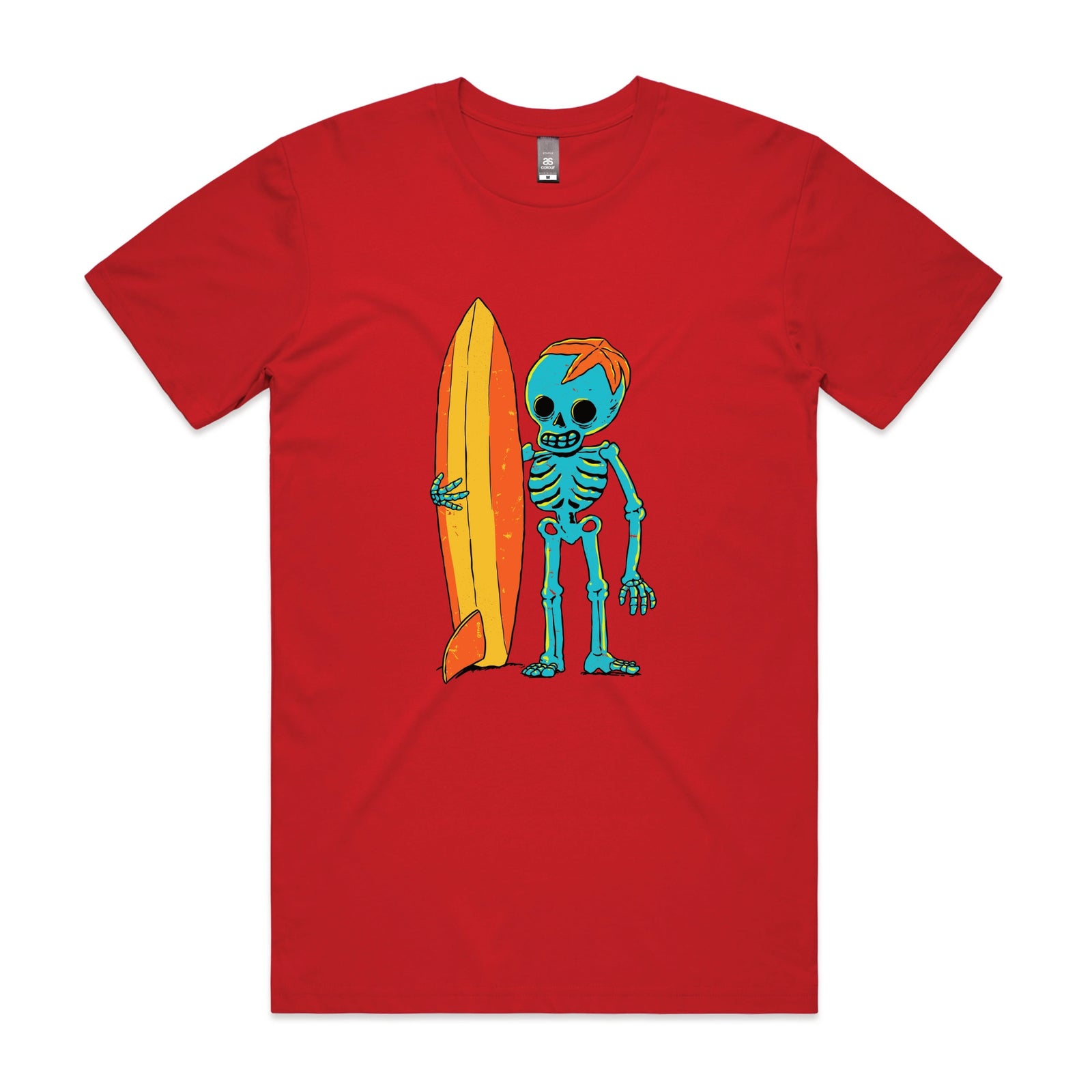 Red unisex t-shirt with Skeleton Surfer graphic by Lonely Kids Club