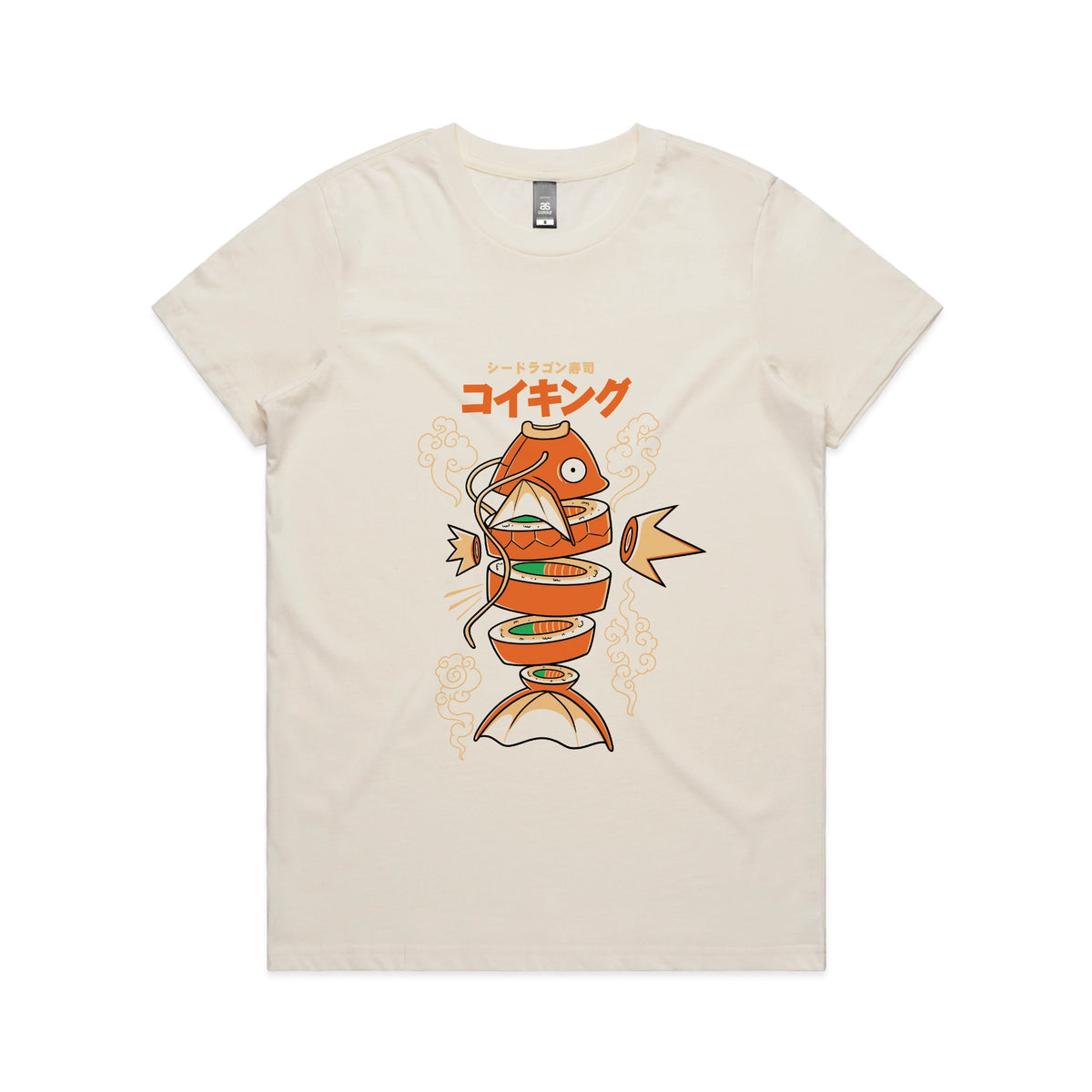 Ecru fitted womens t-shirt with Sushi Karp graphic by Lonely Kids Club