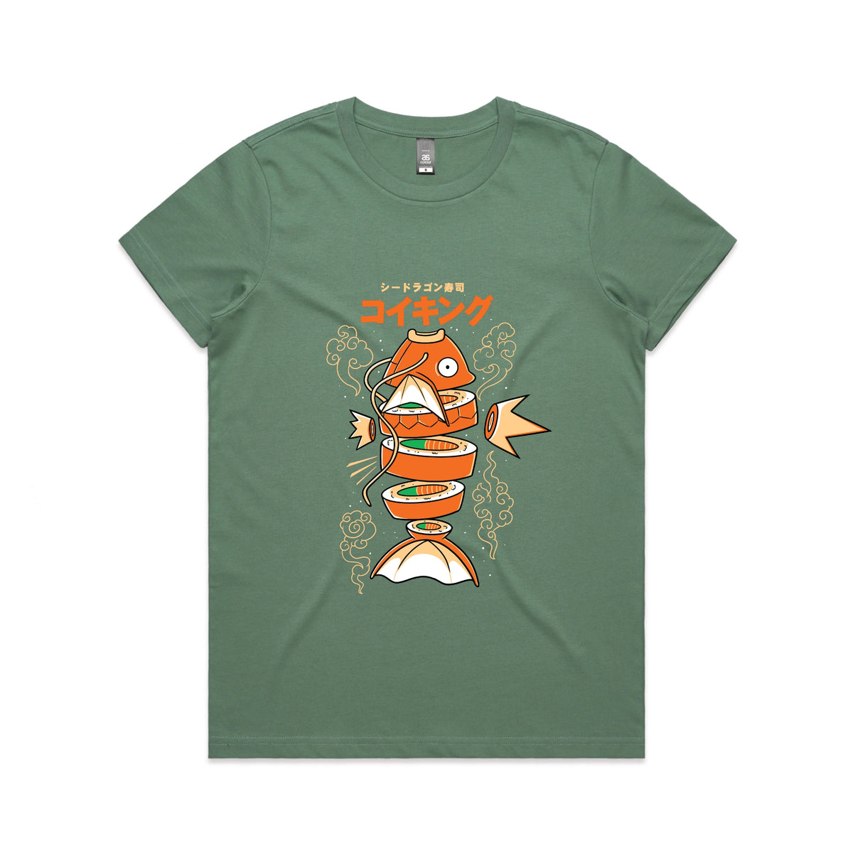 Sage fitted womens t-shirt with Sushi Karp graphic by Lonely Kids Club