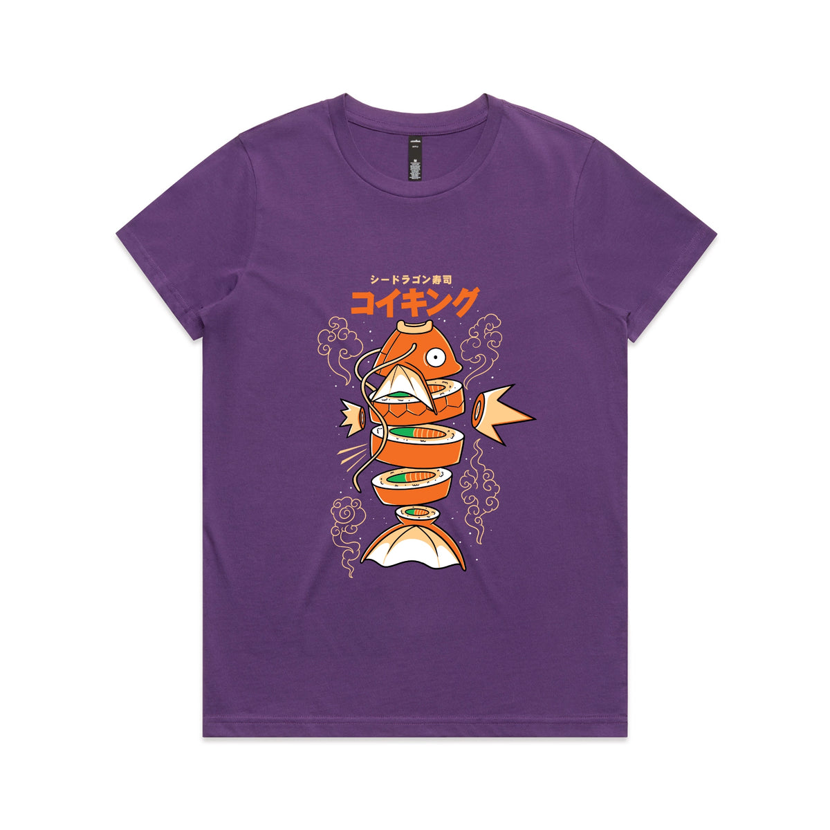 Purple fitted womens t-shirt with Sushi Karp graphic by Lonely Kids Club