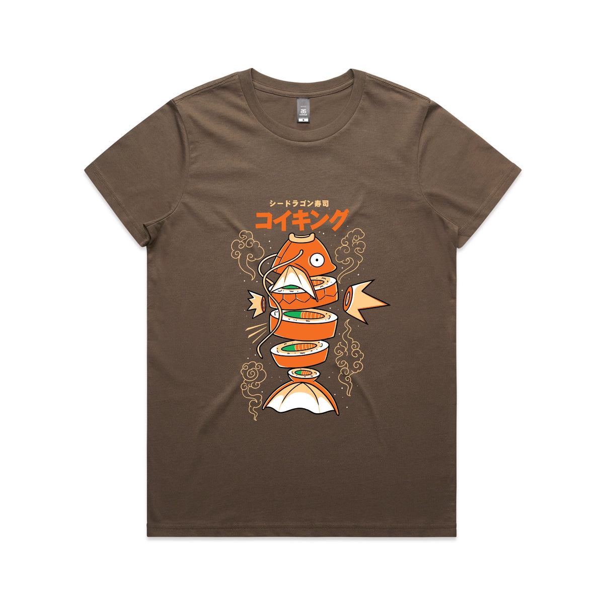 Walnut fitted womens t-shirt with Sushi Karp graphic by Lonely Kids Club