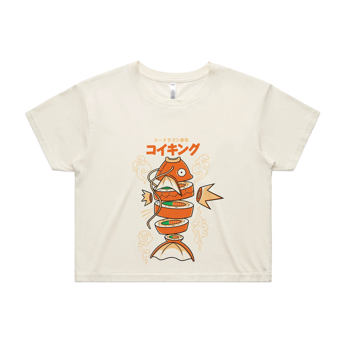 Ecru crop top with Sushi Karp graphic by Lonely Kids Club