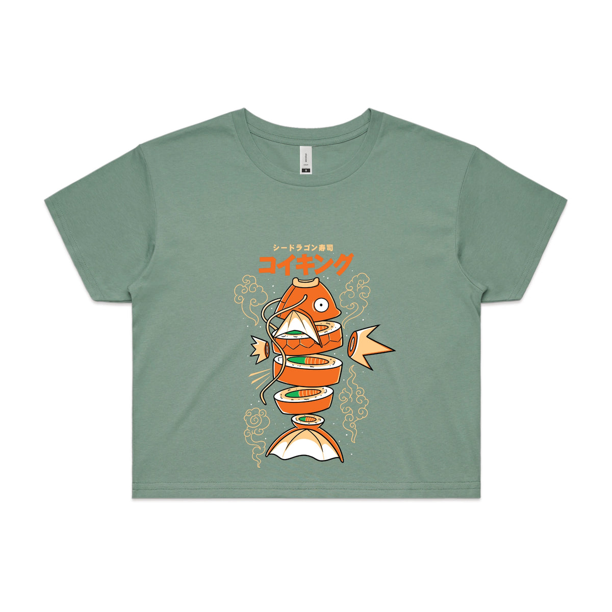 Sage crop top with Sushi Karp graphic by Lonely Kids Club