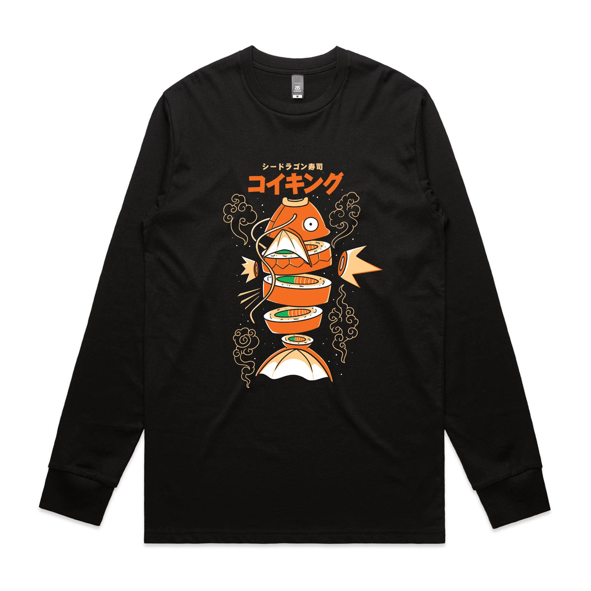 Black long sleeve t-shirt with Sushi Karp graphic by Lonely Kids Club