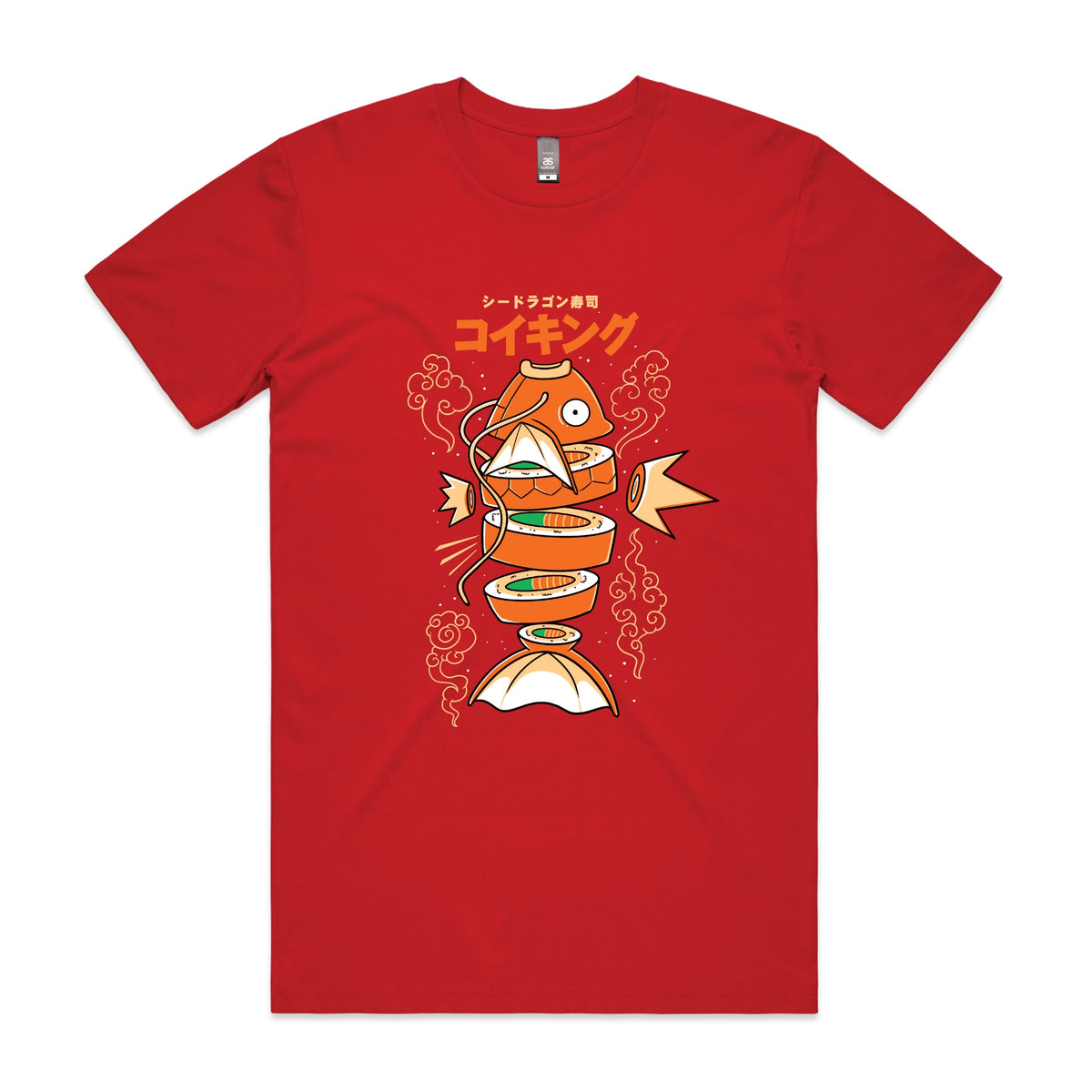 Red unisex t-shirt with Sushi Karp graphic by Lonely Kids Club