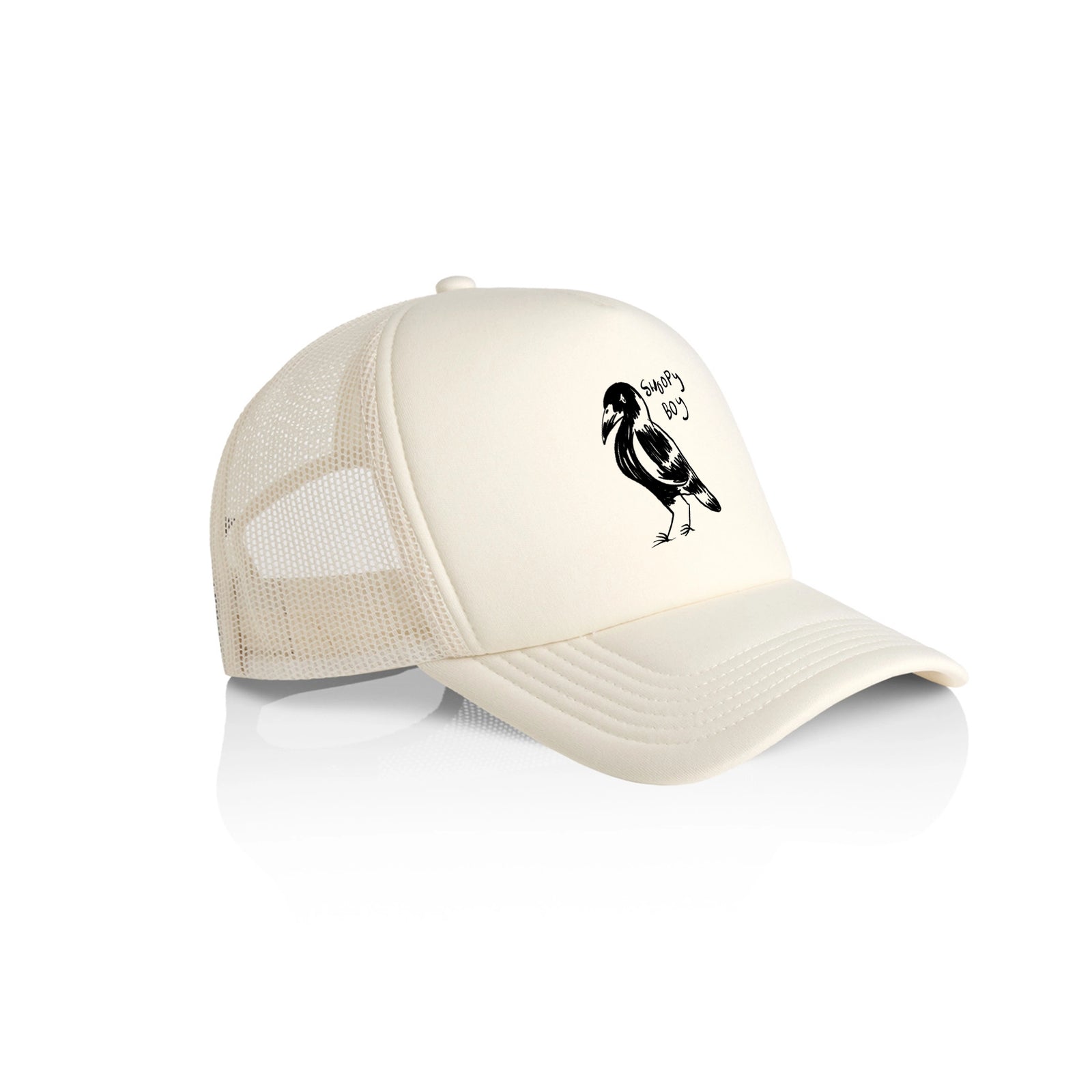 Ecru trucker cap with Swoopy Boy Hat graphic by Lonely Kids Club