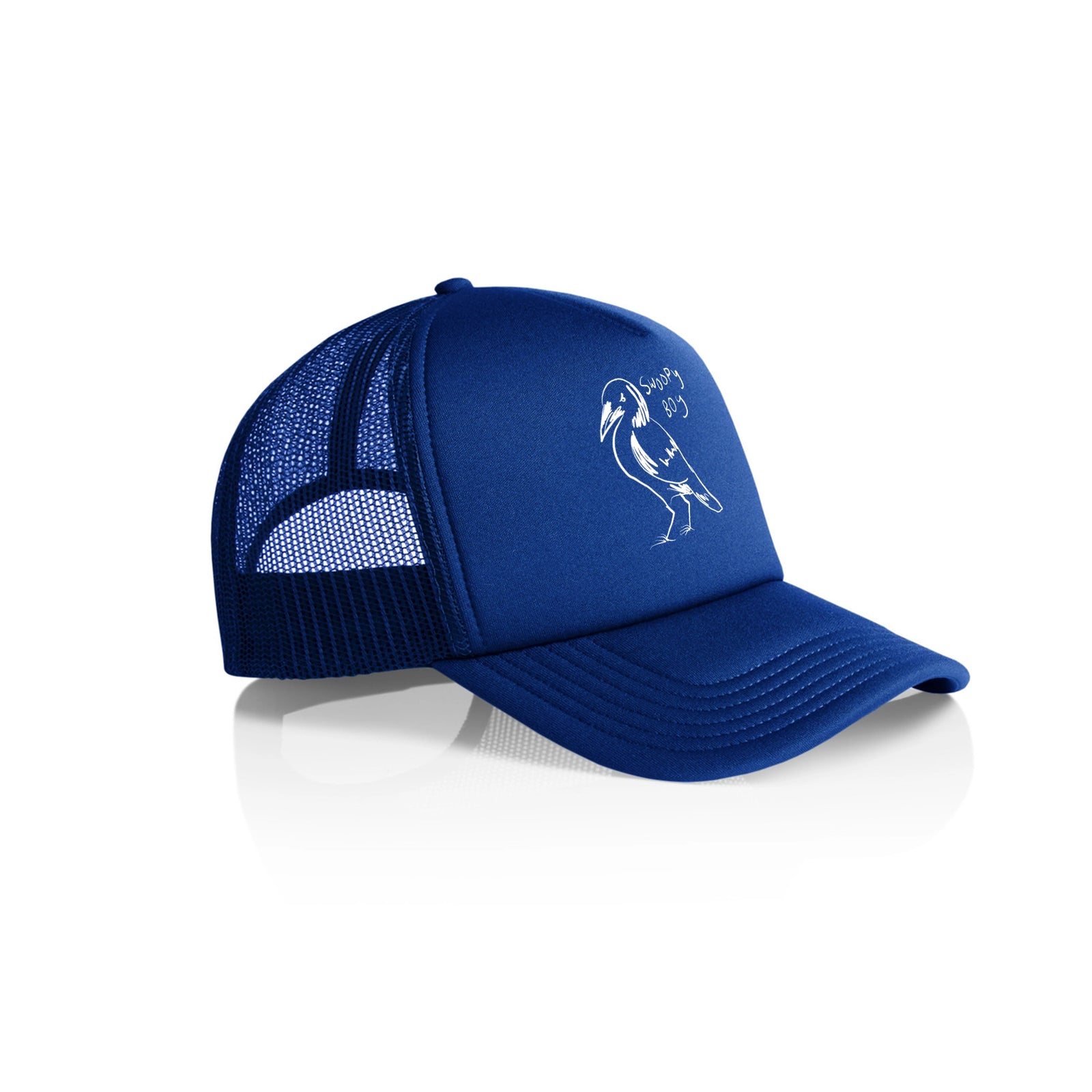 Royal Blue trucker cap with Swoopy Boy Hat graphic by Lonely Kids Club