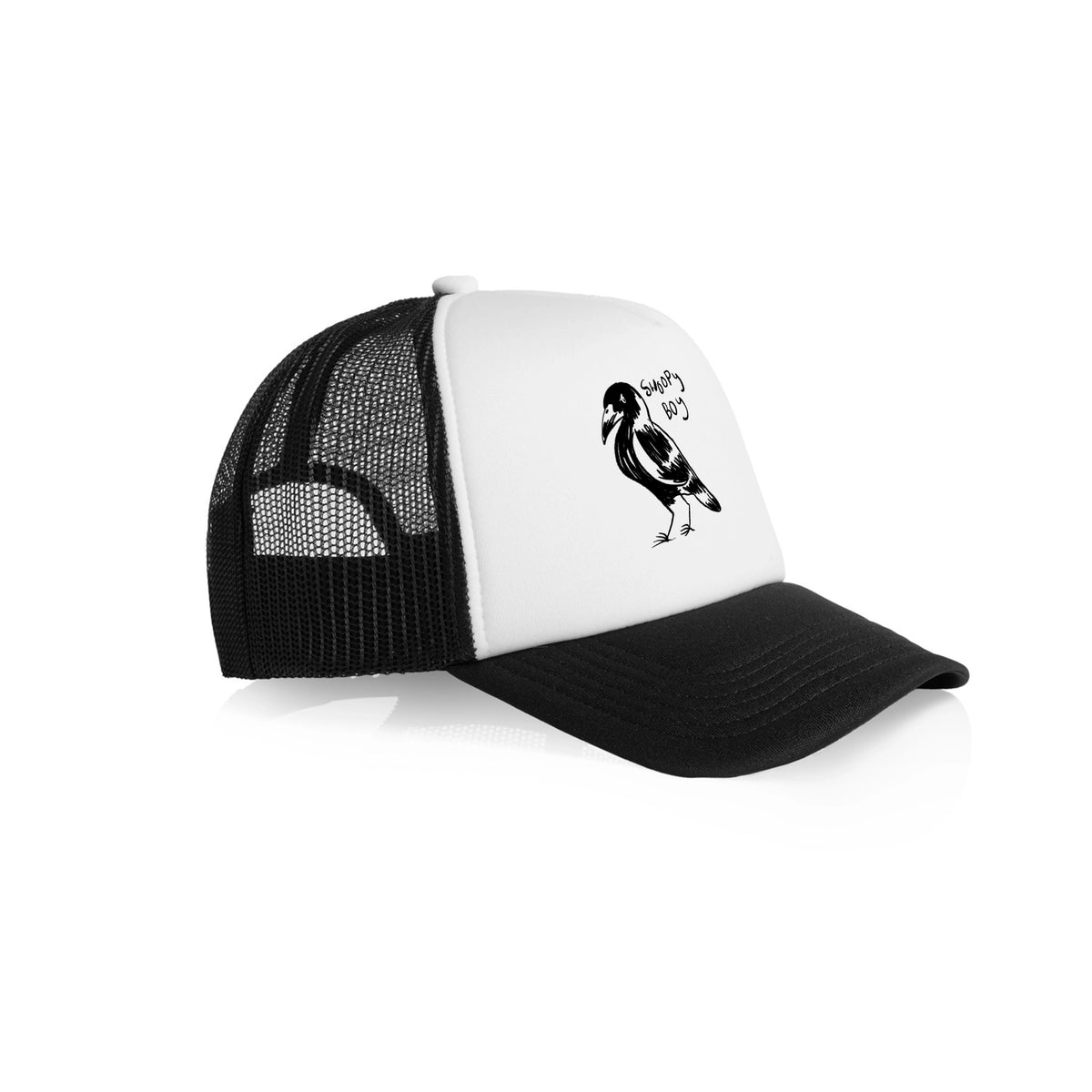 Black/White Contrast trucker cap with Swoopy Boy Hat graphic by Lonely Kids Club