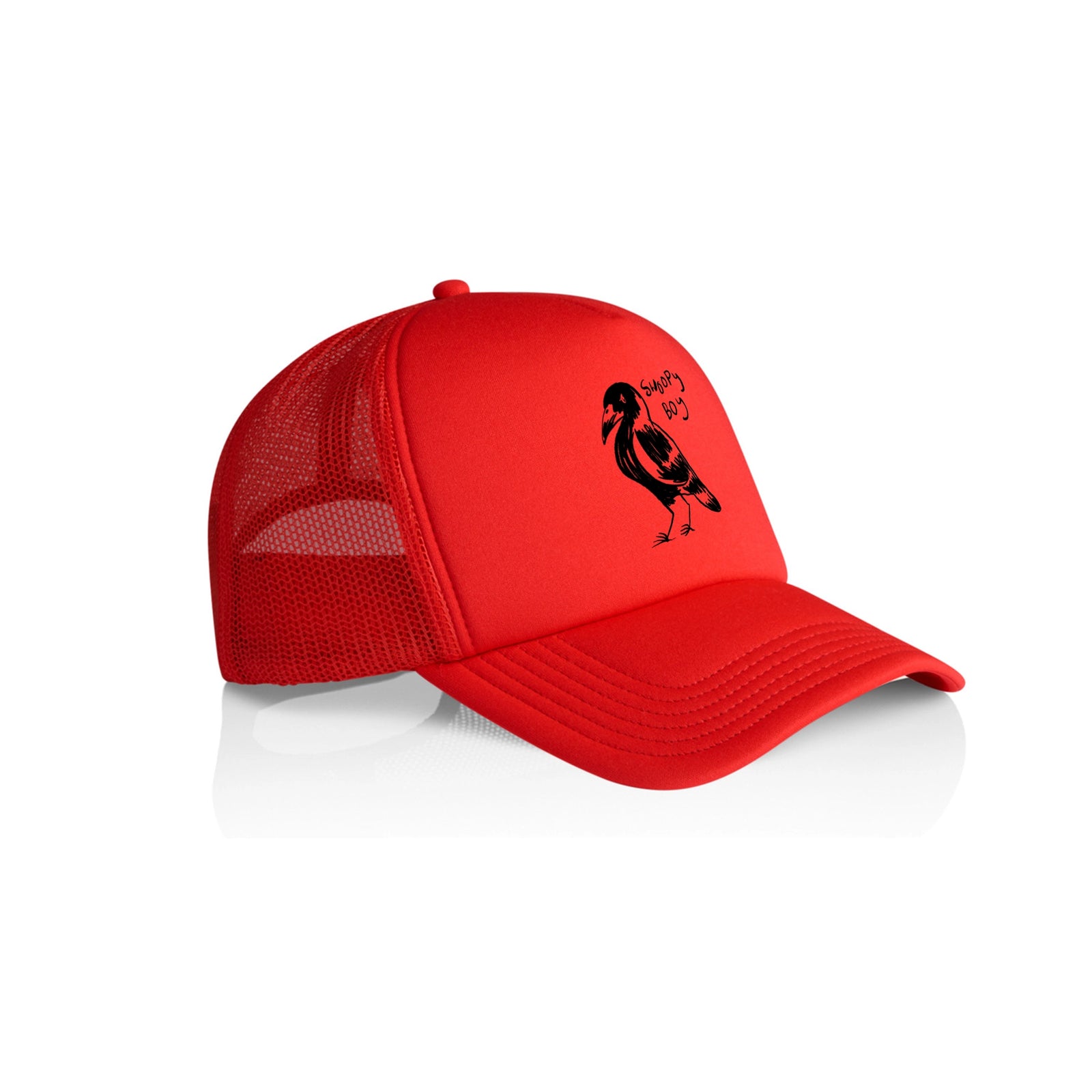 Red trucker cap with Swoopy Boy Hat graphic by Lonely Kids Club
