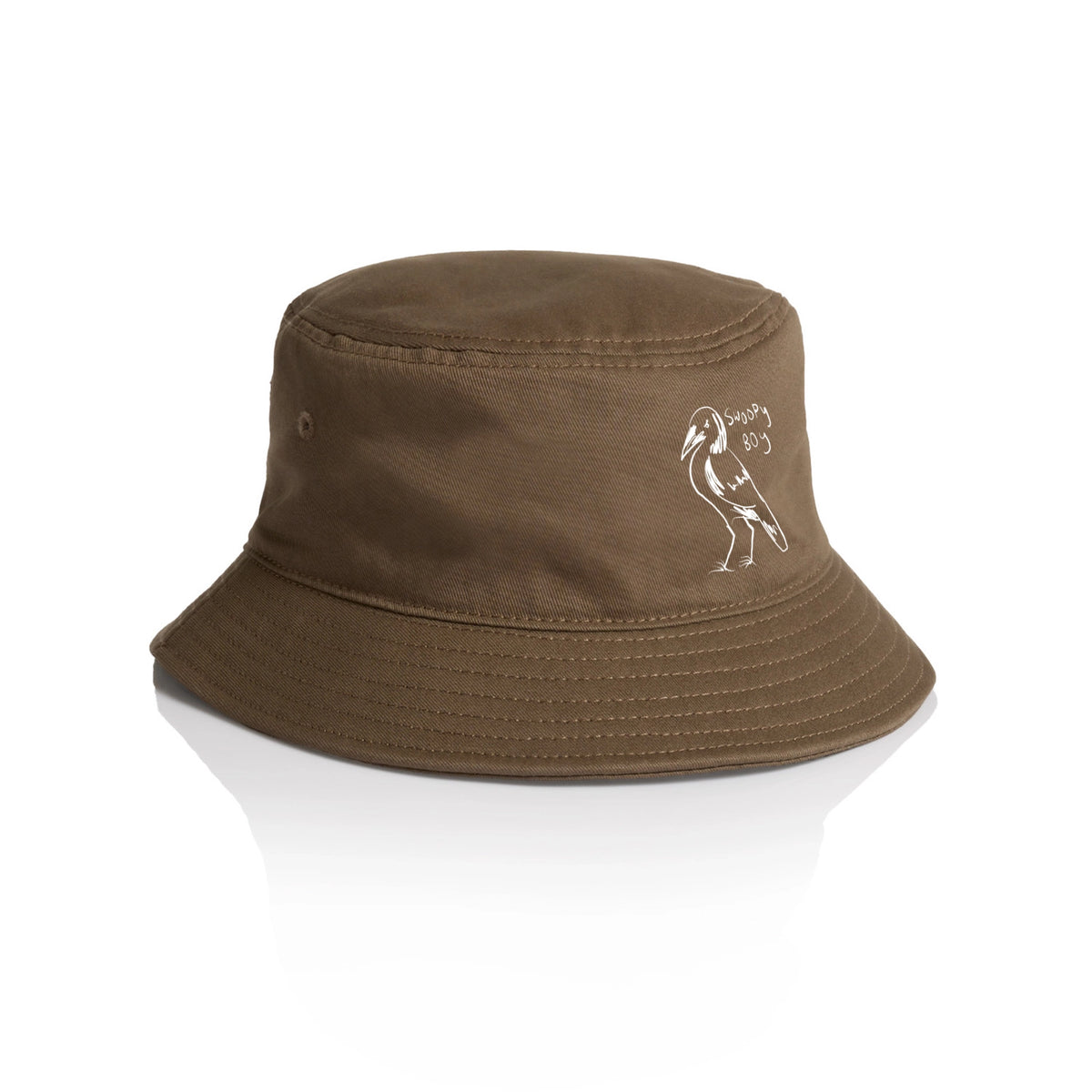 Walnut bucket hat with Swoopy Boy Hat graphic by Lonely Kids Club