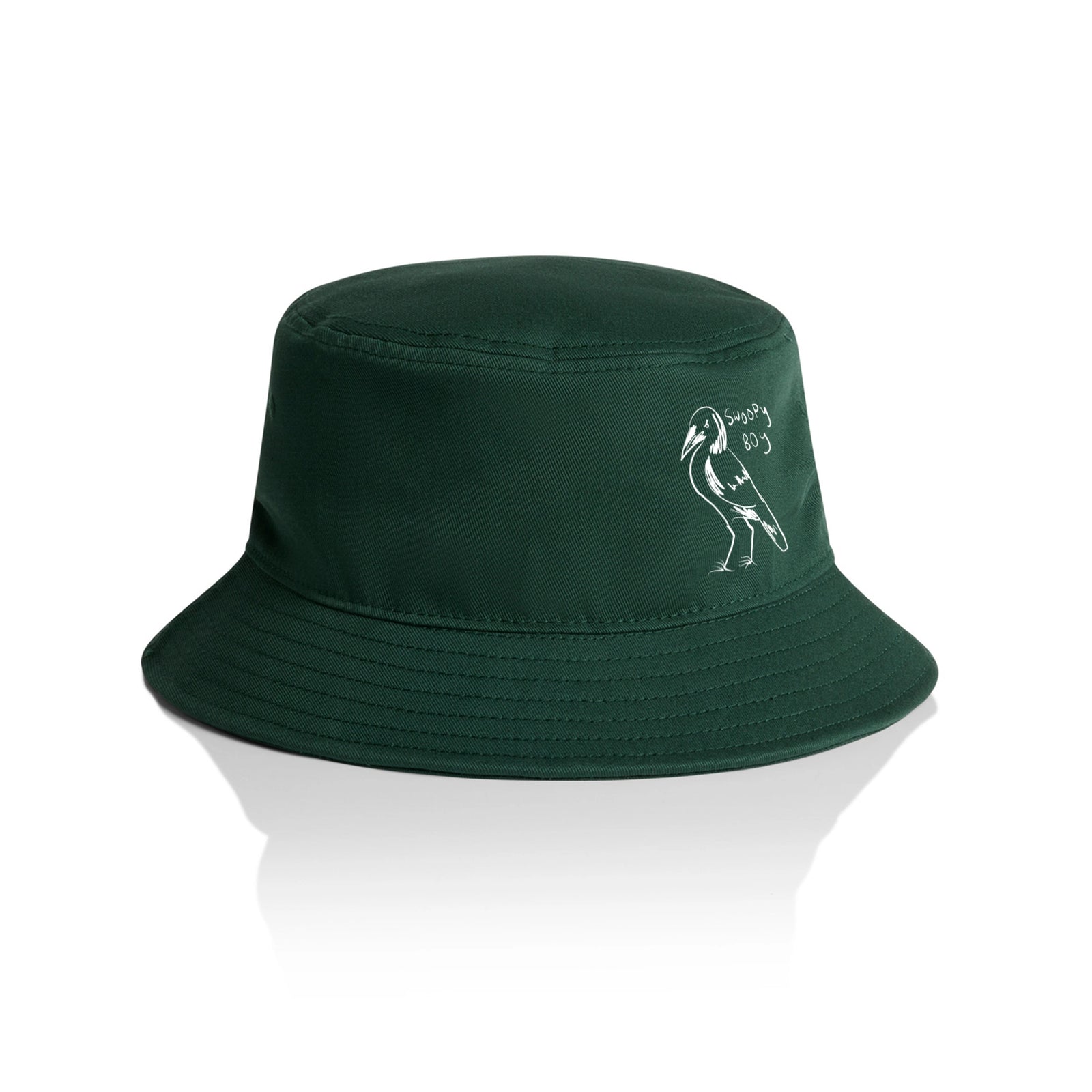 Forest Green bucket hat with Swoopy Boy Hat graphic by Lonely Kids Club