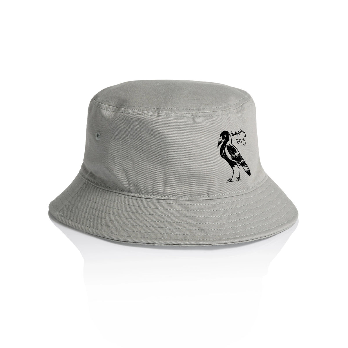 Grey bucket hat with Swoopy Boy Hat graphic by Lonely Kids Club