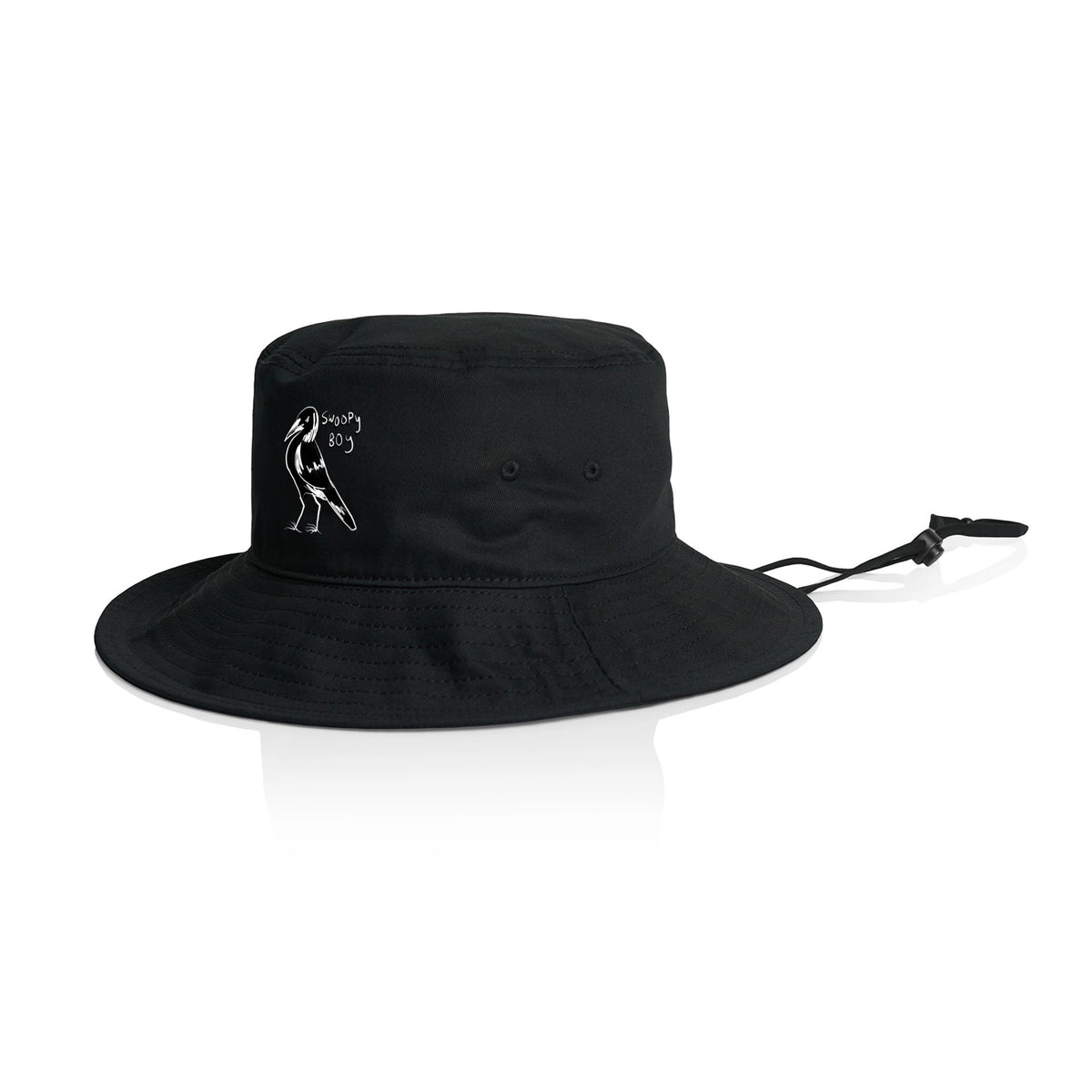 Black sun hat with Swoopy Boy Hat graphic by Lonely Kids Club