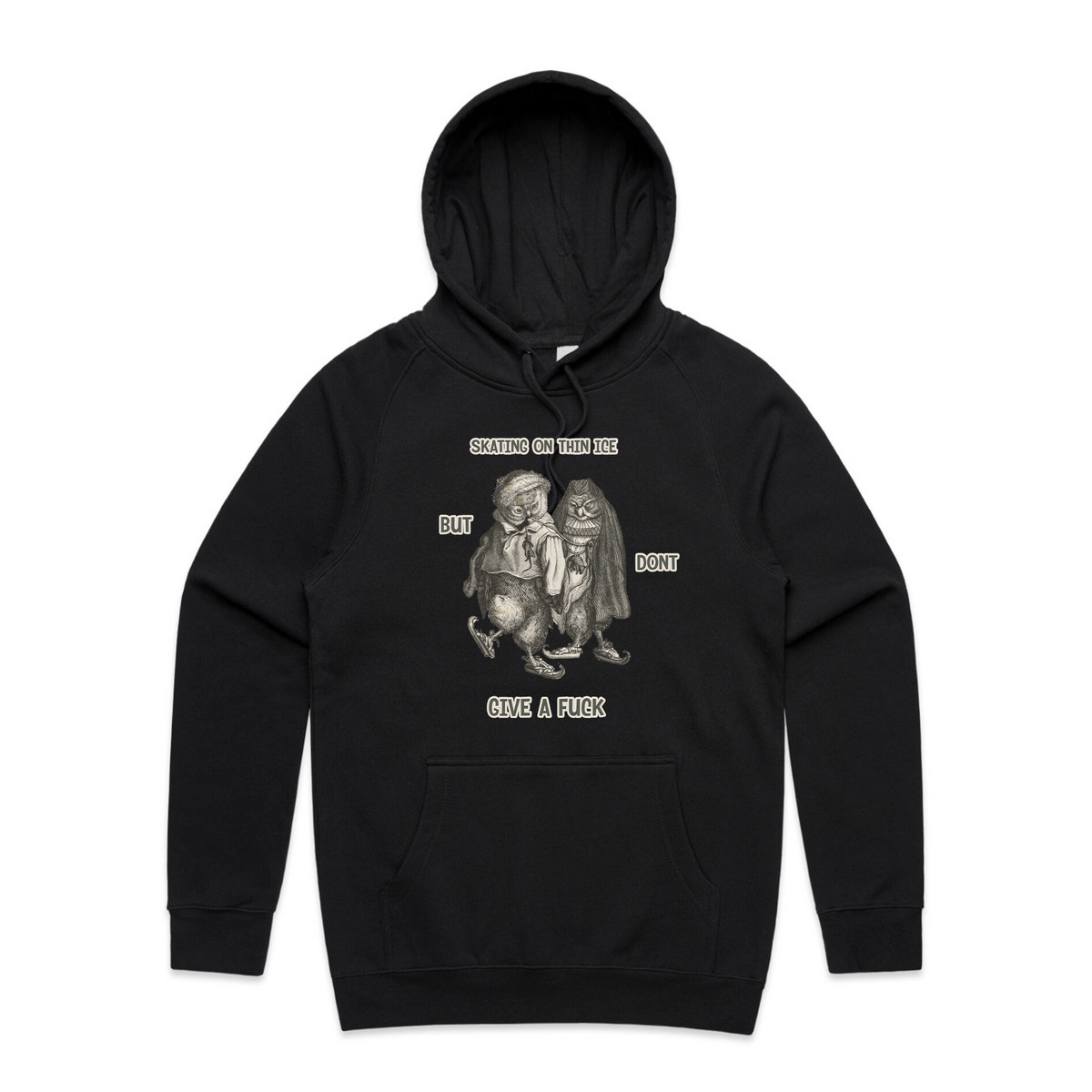 Black regular hoodie with Thin Ice Hoodie graphic by Lonely Kids Club