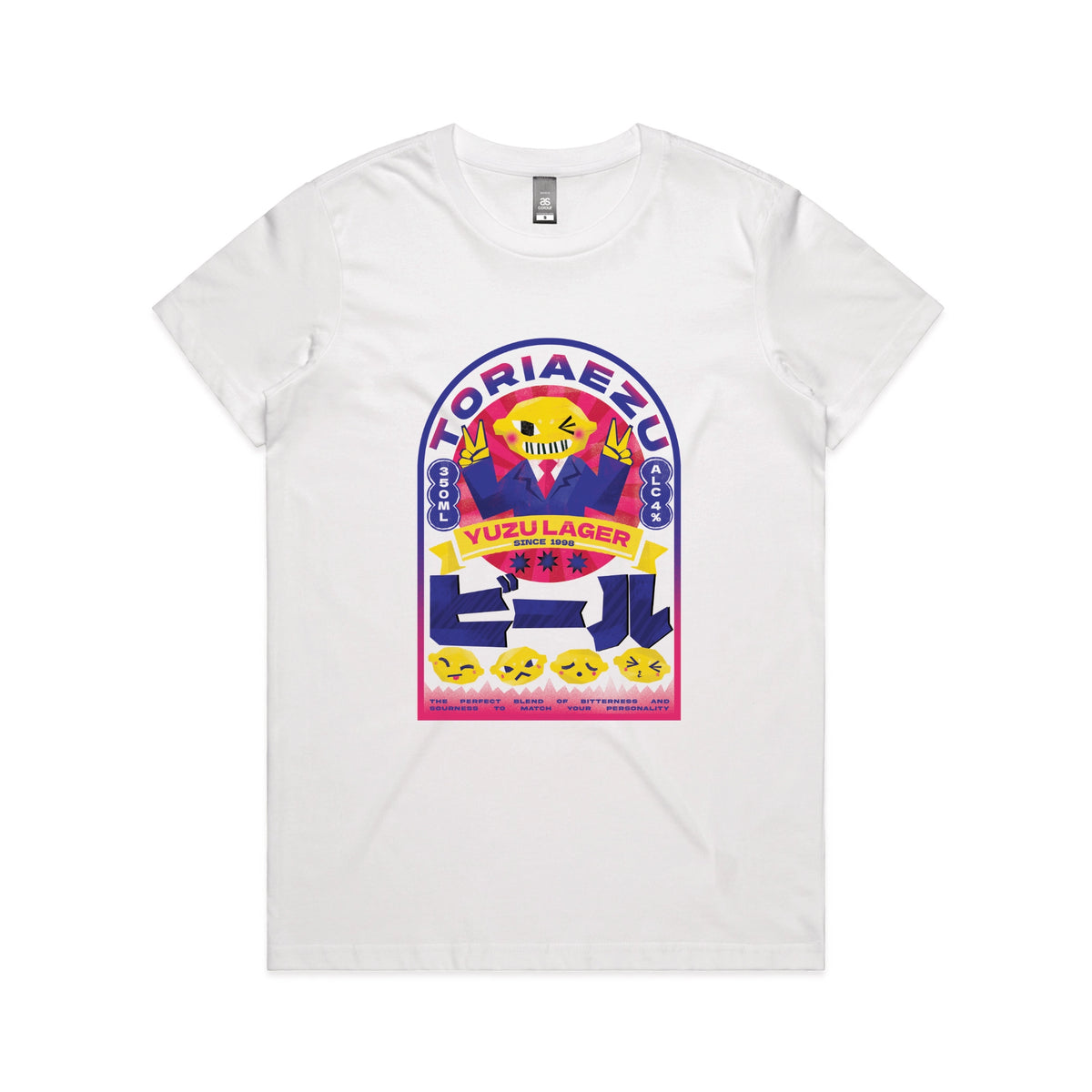 White fitted womens t-shirt with Toriaezu graphic by Lonely Kids Club