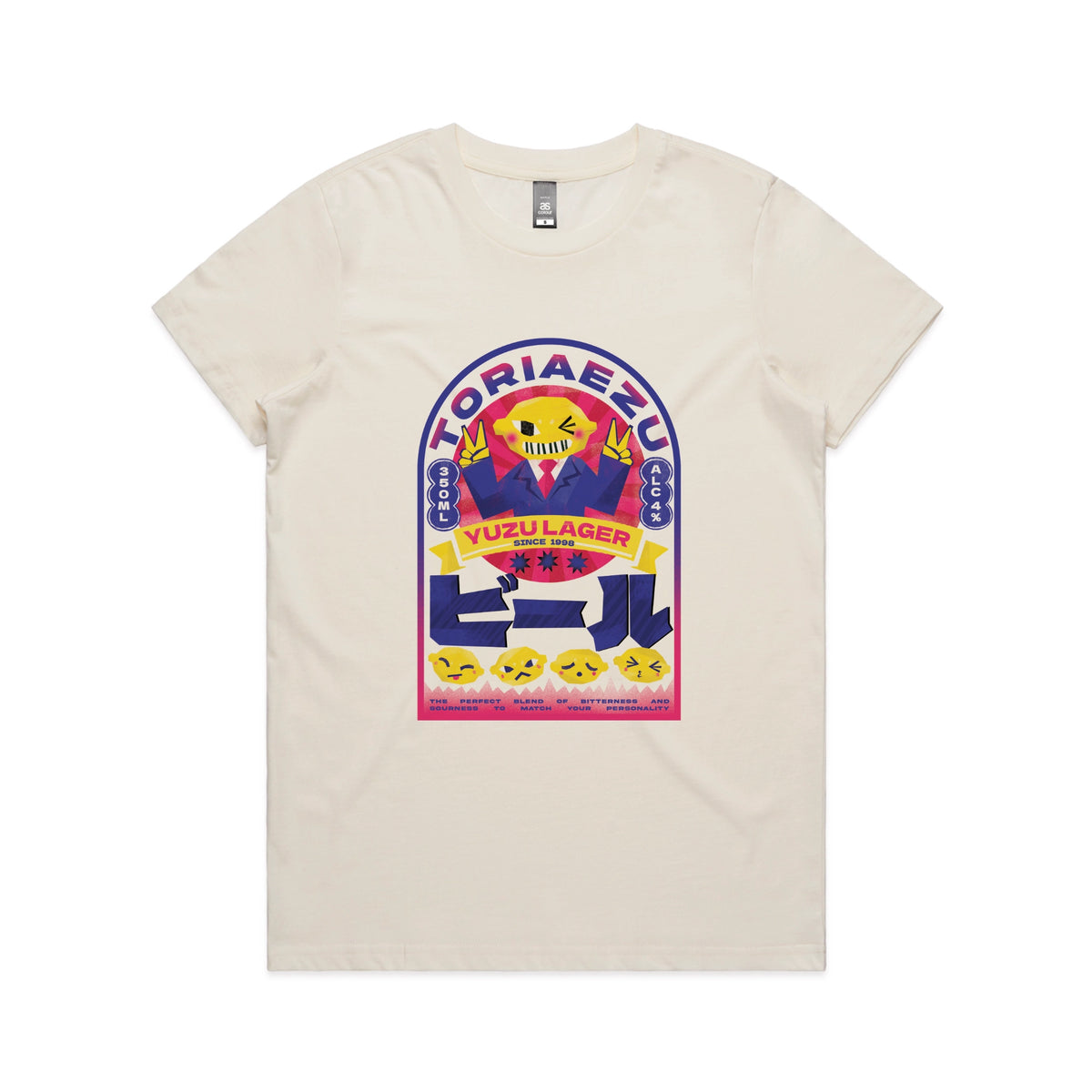 Ecru fitted womens t-shirt with Toriaezu graphic by Lonely Kids Club