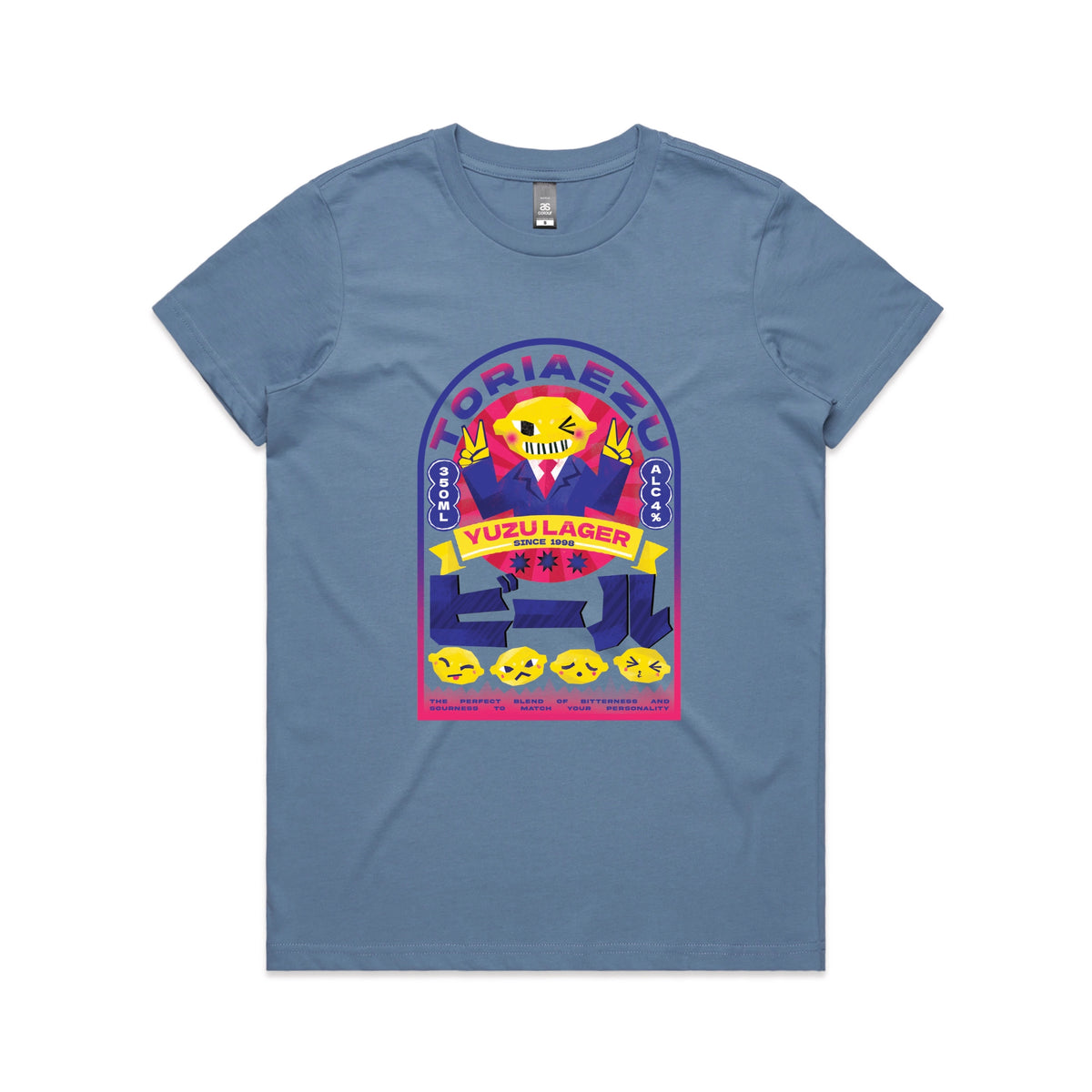 Carolina Blue fitted womens t-shirt with Toriaezu graphic by Lonely Kids Club