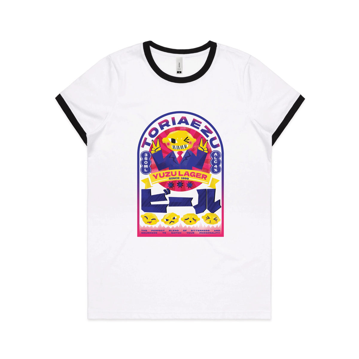Black/White Ringer fitted womens t-shirt with Toriaezu graphic by Lonely Kids Club