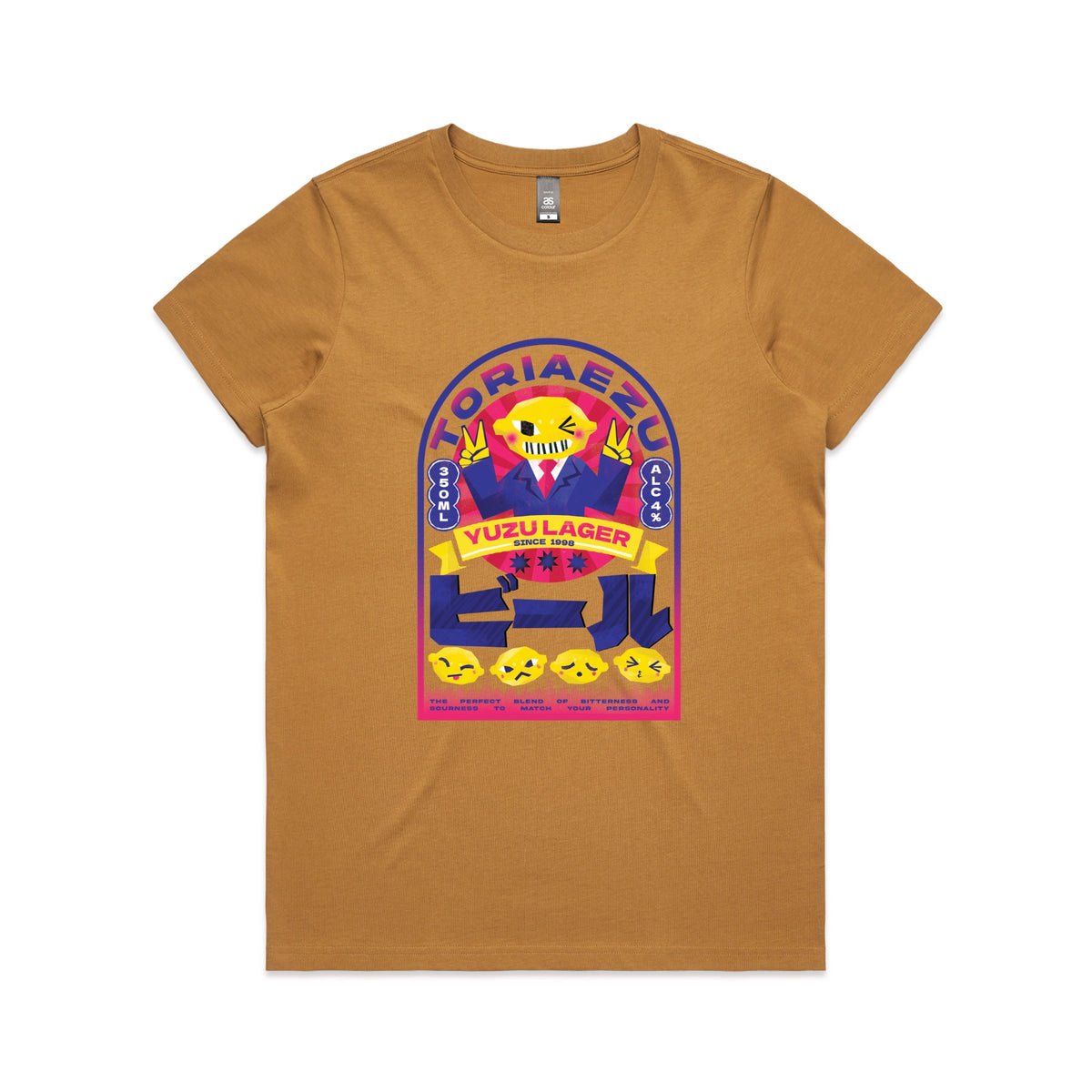 Camel fitted womens t-shirt with Toriaezu graphic by Lonely Kids Club