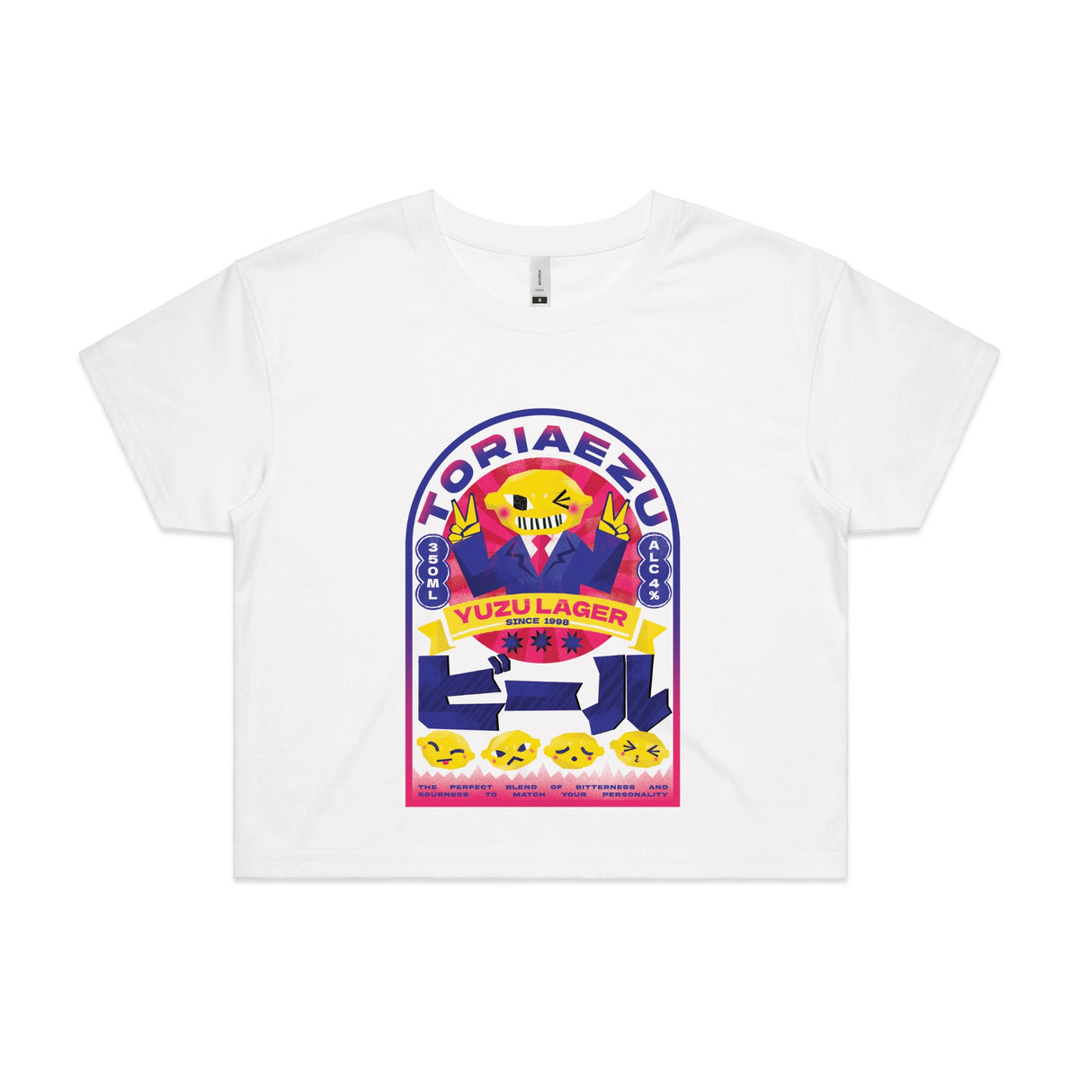 White crop top with Toriaezu graphic by Lonely Kids Club