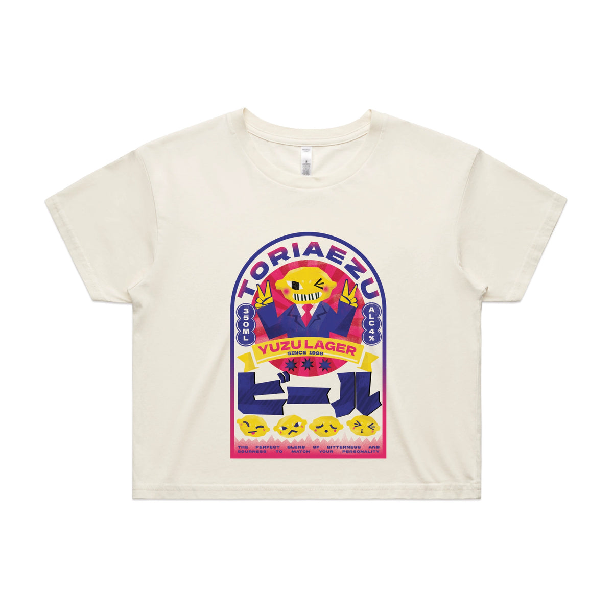 Ecru crop top with Toriaezu graphic by Lonely Kids Club