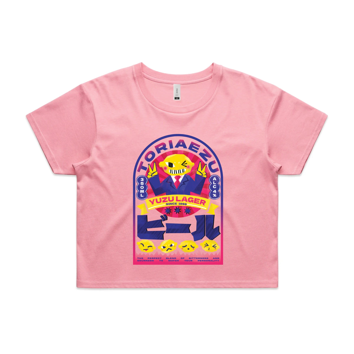 Bubblegum crop top with Toriaezu graphic by Lonely Kids Club