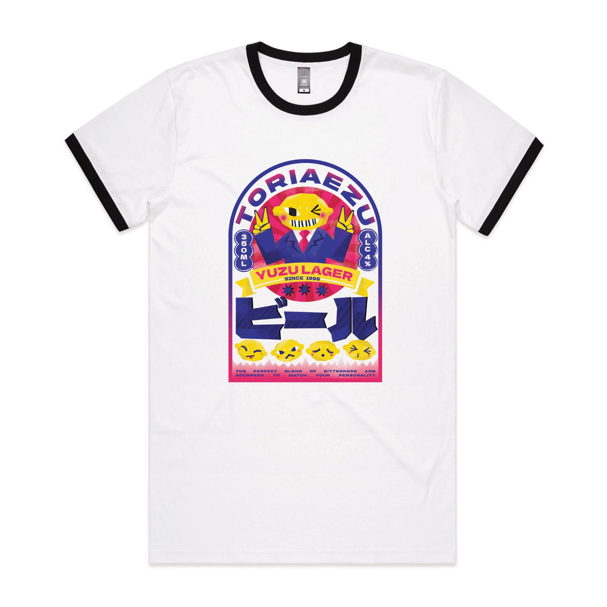 Black/White Ringer unisex t-shirt with Toriaezu graphic by Lonely Kids Club
