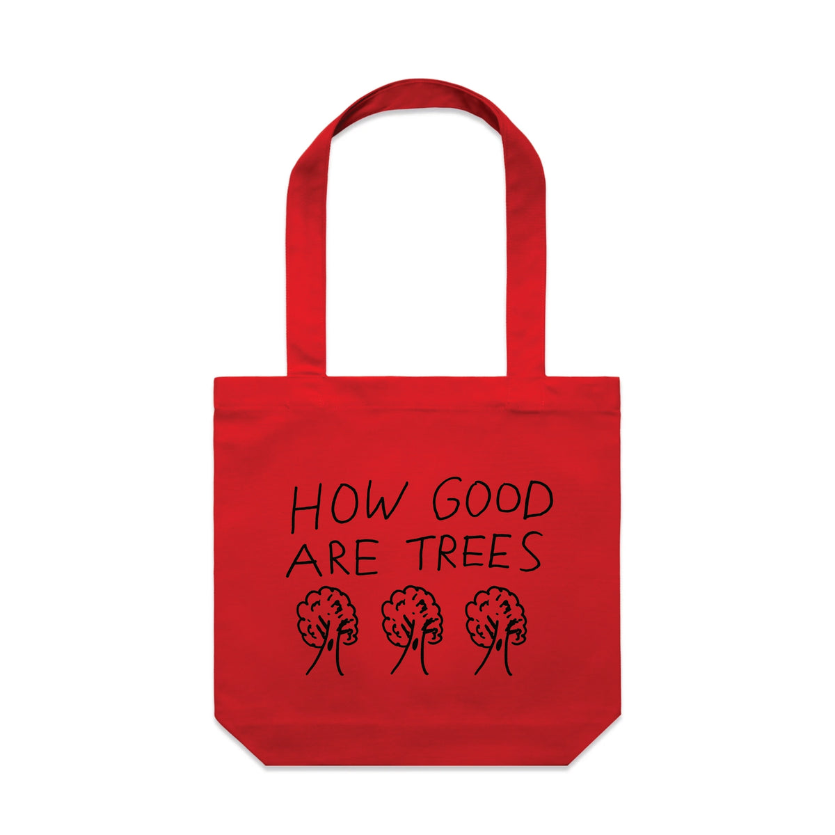 Red carrie tote with How Good Are Trees Tote graphic by Lonely Kids Club