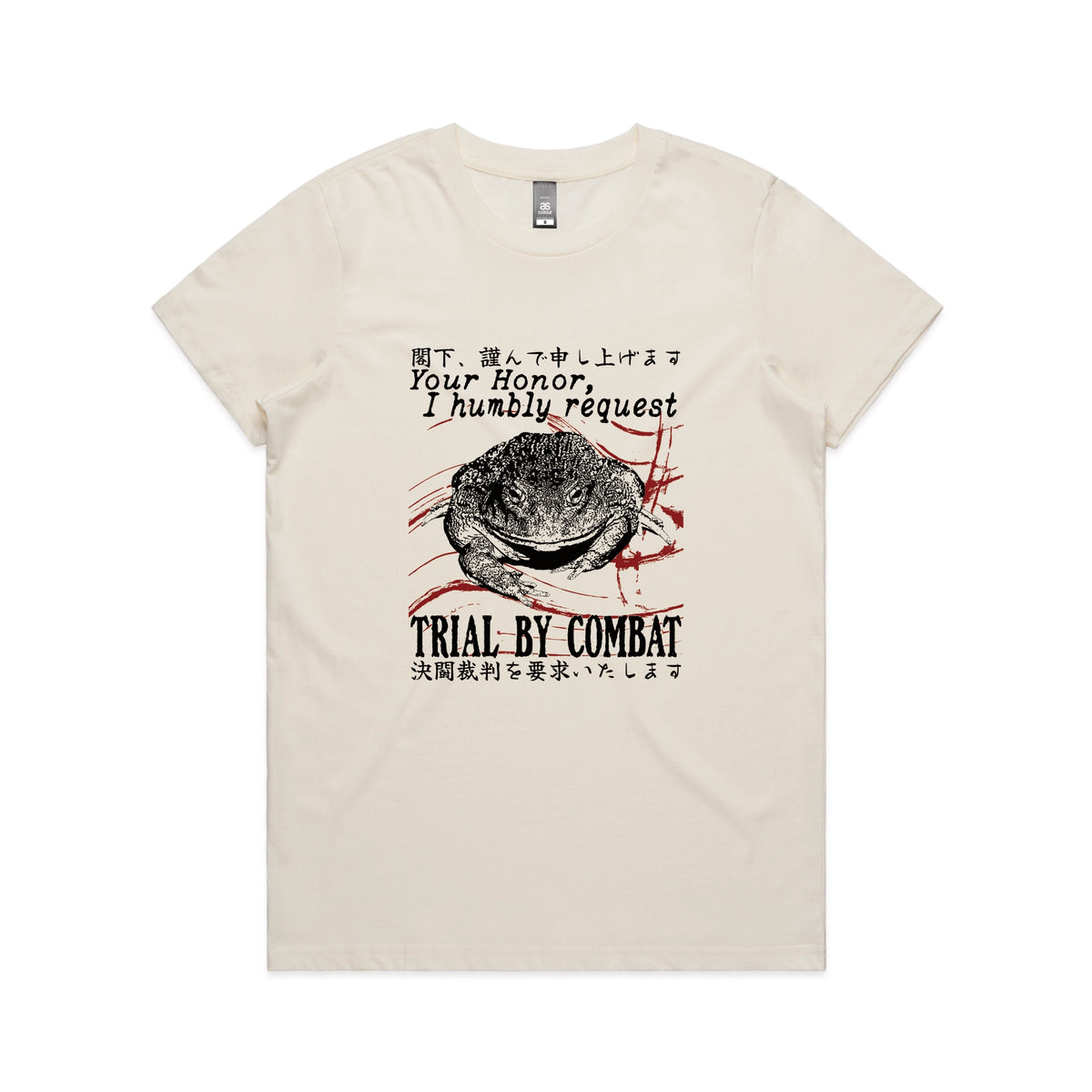 Ecru fitted womens t-shirt with Trial By Combat graphic by Lonely Kids Club