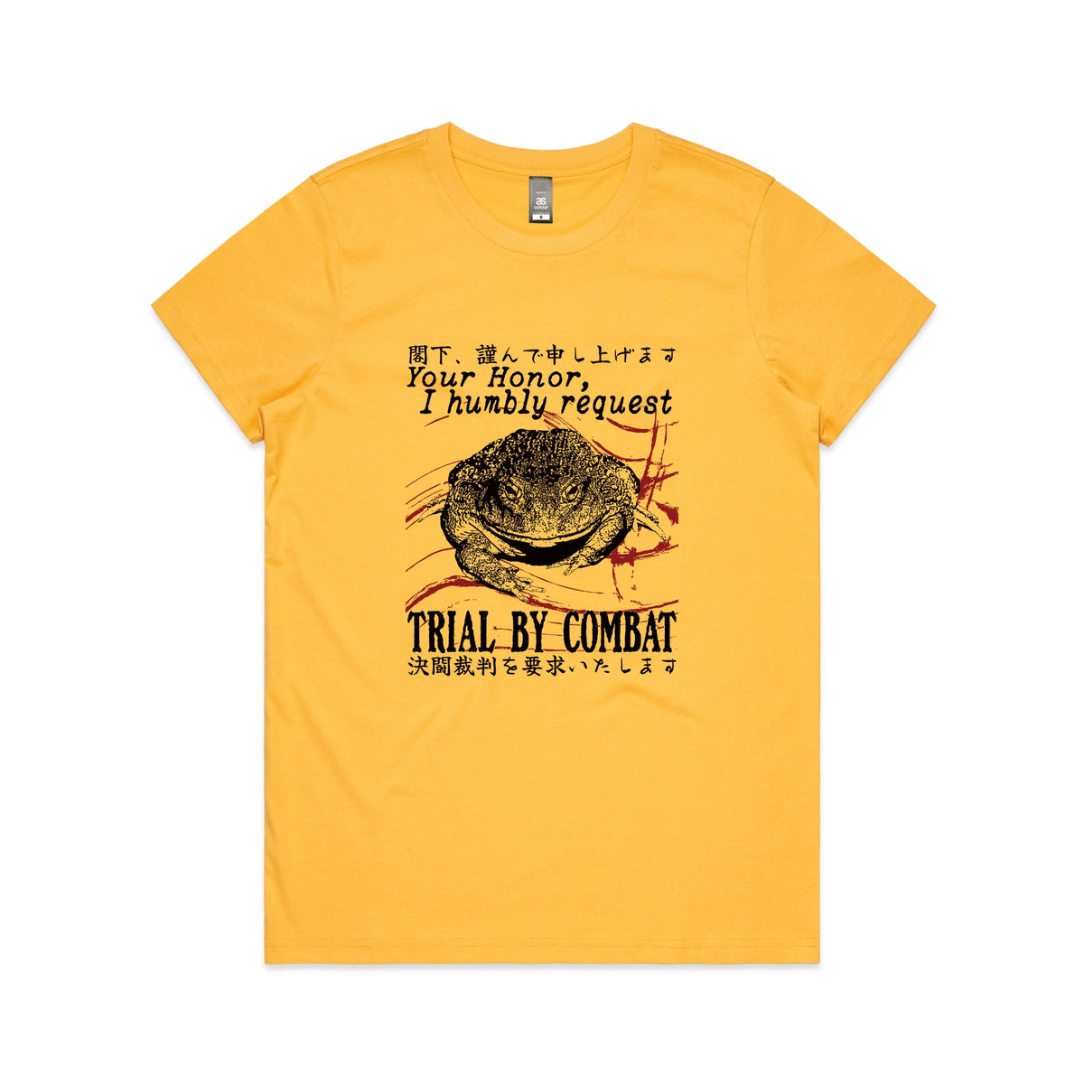 Yellow fitted womens t-shirt with Trial By Combat graphic by Lonely Kids Club