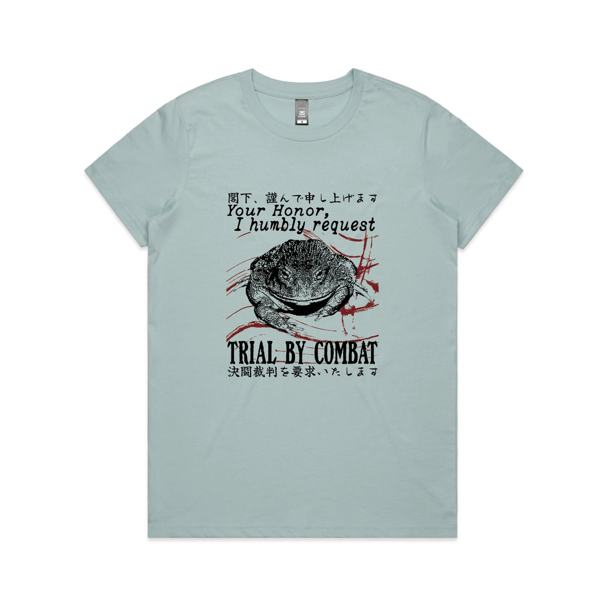 Pale Blue fitted womens t-shirt with Trial By Combat graphic by Lonely Kids Club