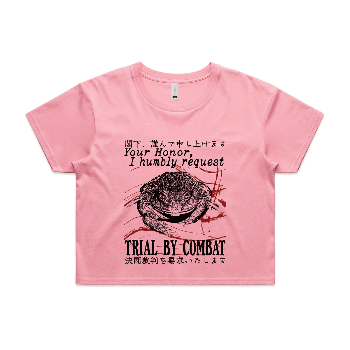 Bubblegum crop top with Trial By Combat graphic by Lonely Kids Club