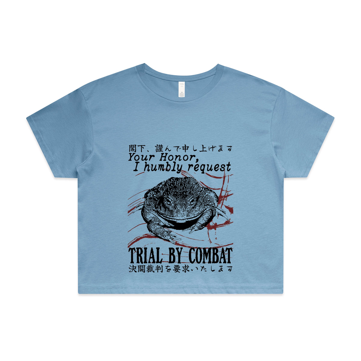 Carolina Blue crop top with Trial By Combat graphic by Lonely Kids Club