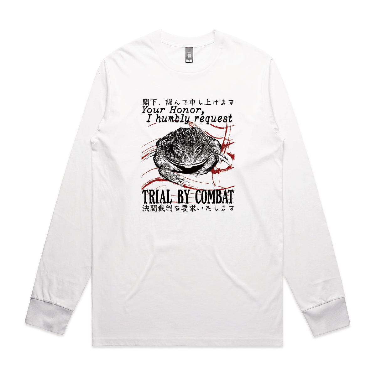 White long sleeve t-shirt with Trial By Combat graphic by Lonely Kids Club